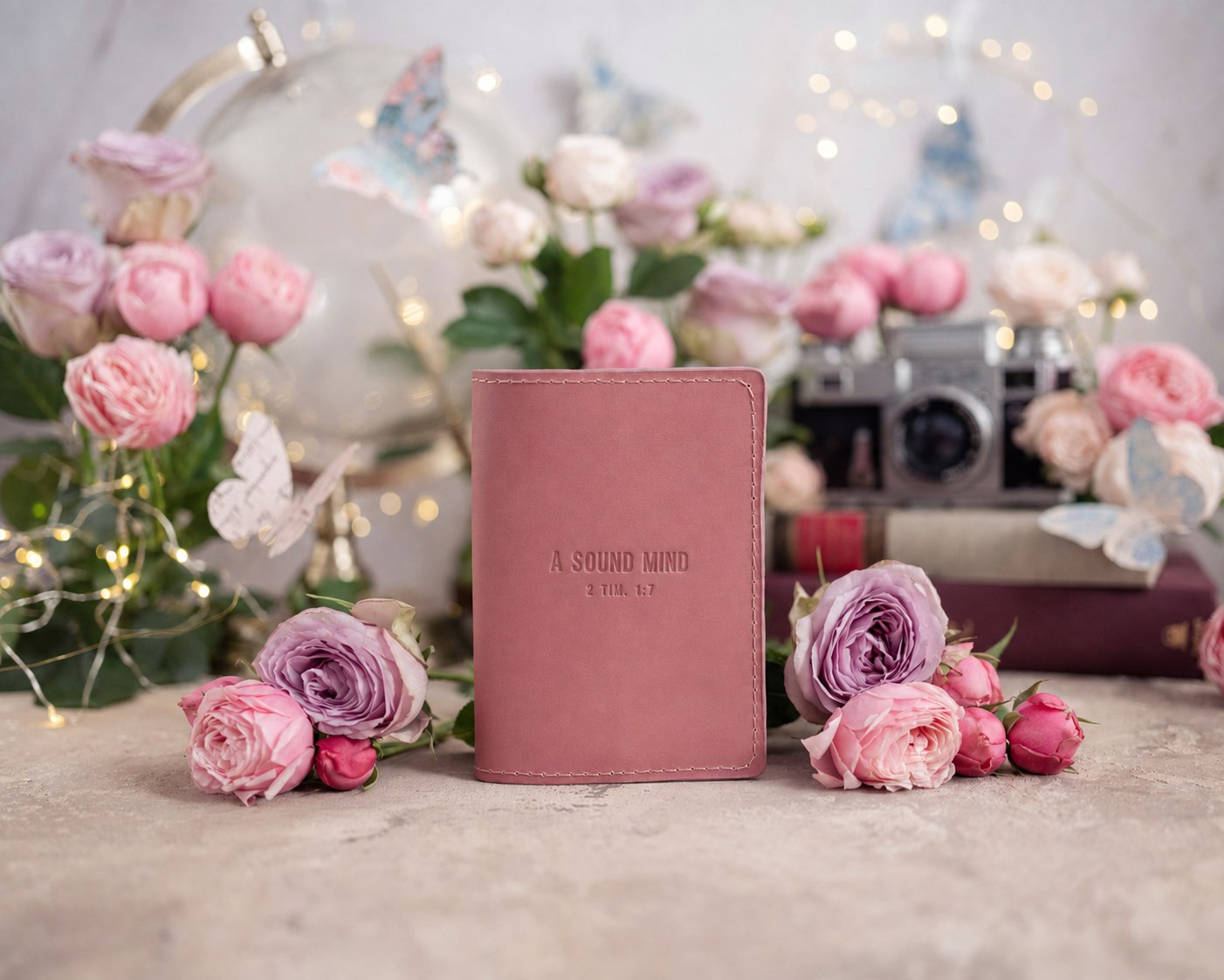 A Sound Mind 2 Tim. 1:7 Parisian Blossom full-grain leather passport cover, Christian scripture gift