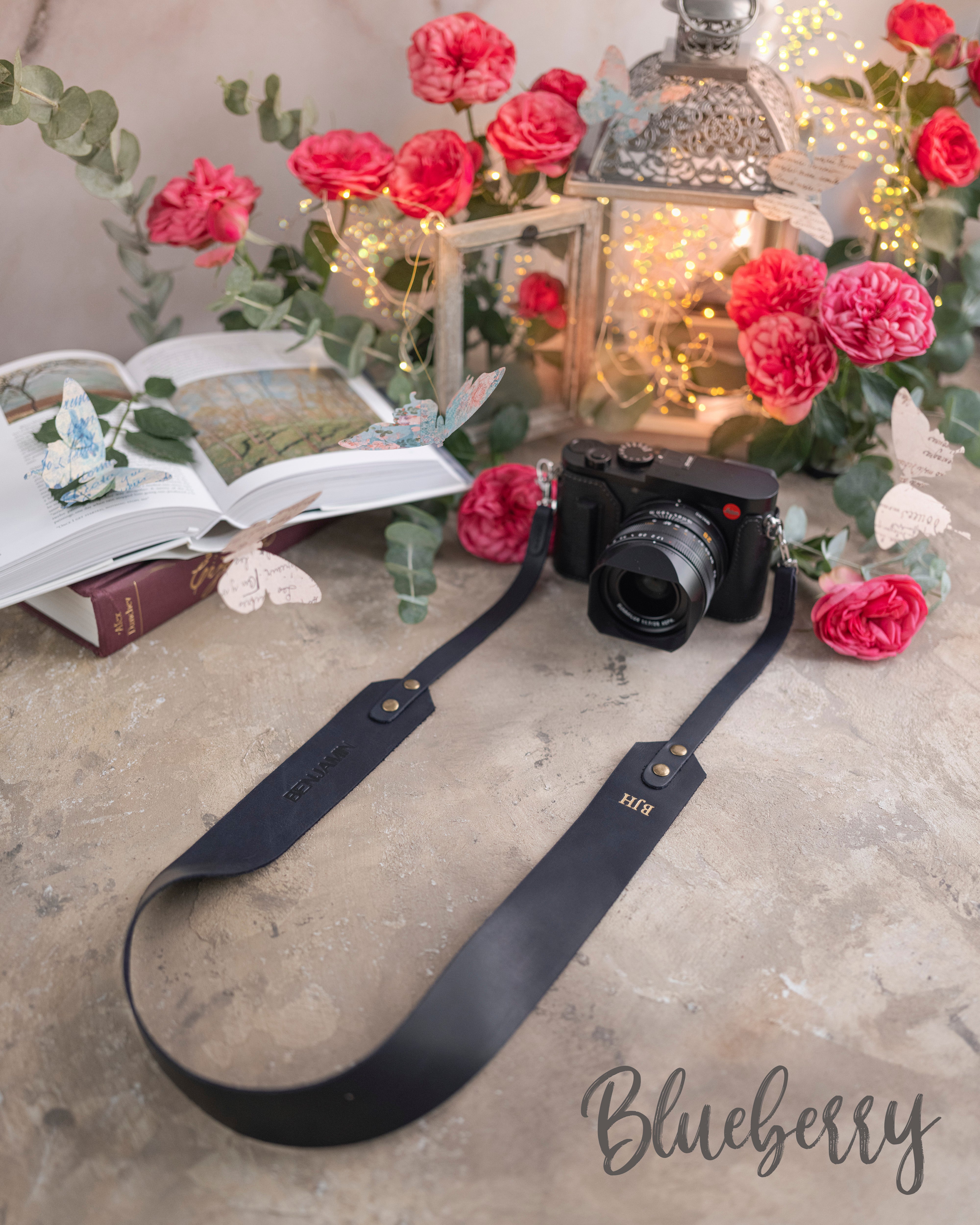 Blueberry leather camera strap