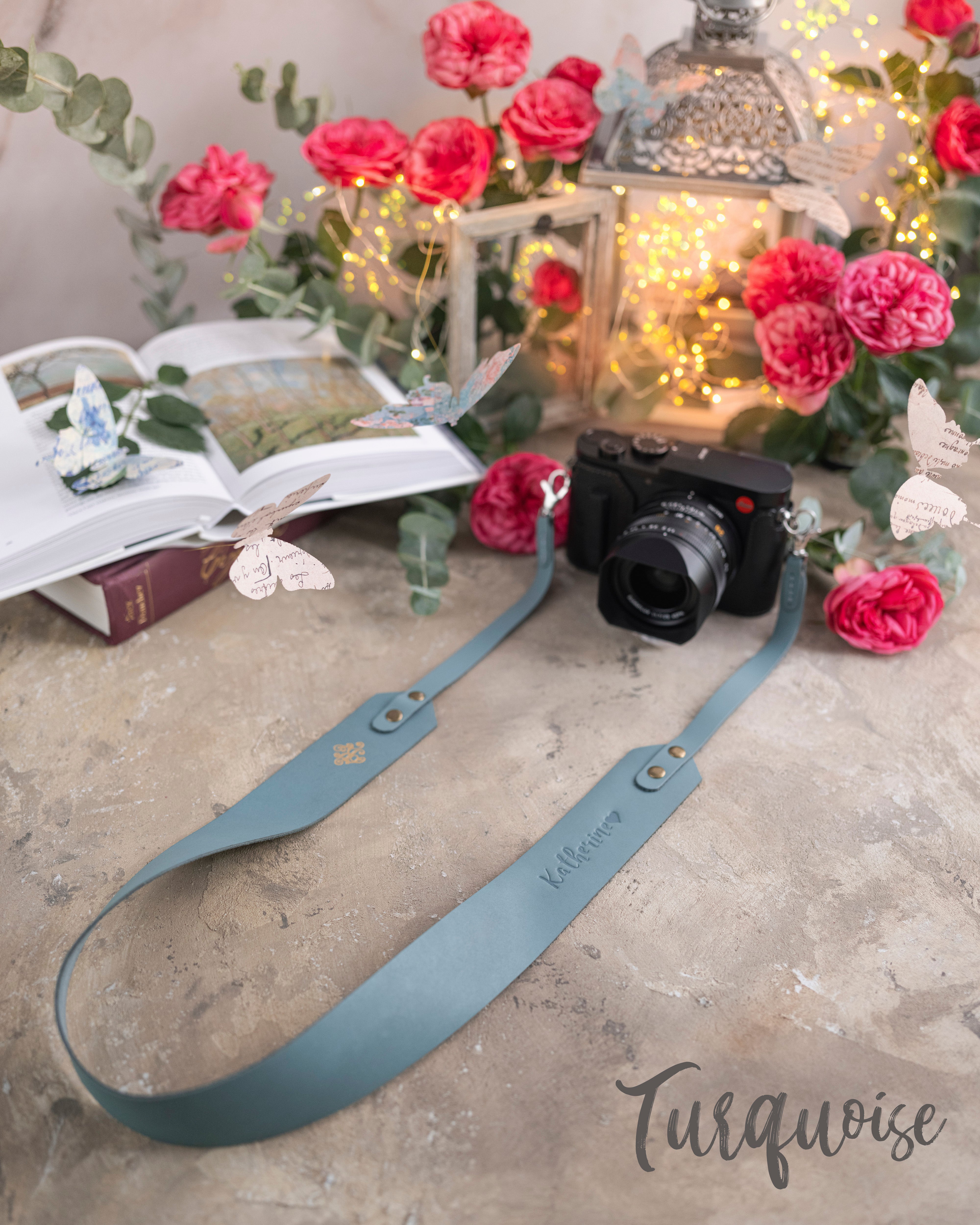 Turquoise leather camera strap