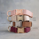 Leather dog collars in Blush, Gray Sand, Caramel and Sangria burgundy with engraved buckles (1 in collars shown; the large collar is the same, cut 1¼, 1½ or 2 in wide with an Anti-Brass buckle)
