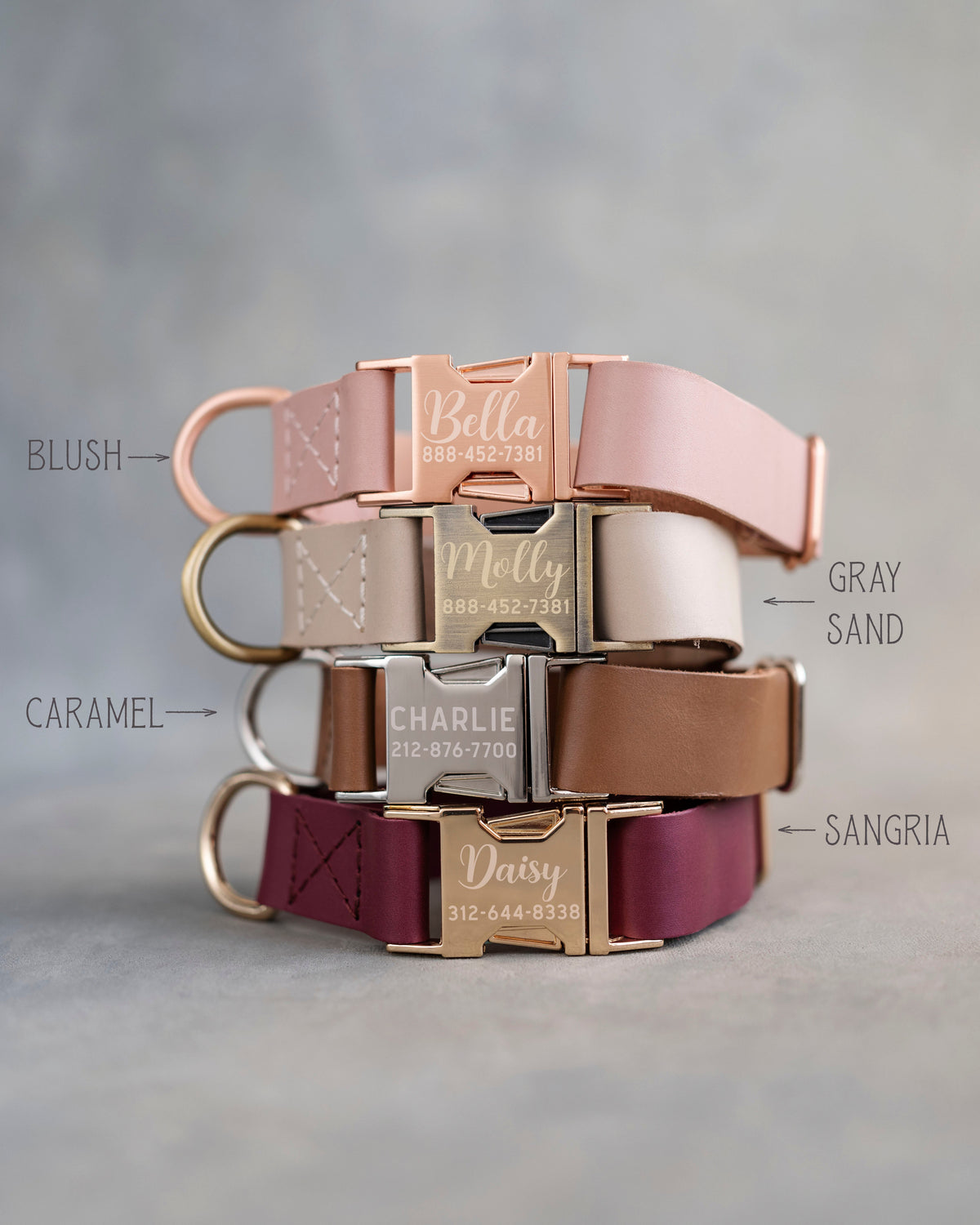 Leather dog collars in Blush, Gray Sand, Caramel and Sangria burgundy with engraved buckles (1 in collars shown; the large collar is the same, cut 1¼, 1½ or 2 in wide with an Anti-Brass buckle)
