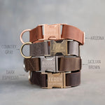 Leather dog collars in Arizona, Country Gray, Sicilian Brown and Dark Espresso with engraved quick release buckles (1 in collars shown; the large collar is the same, cut 1¼, 1½ or 2 in wide with an Anti-Brass buckle)