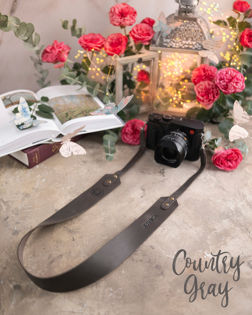 Country gray leather camera strap