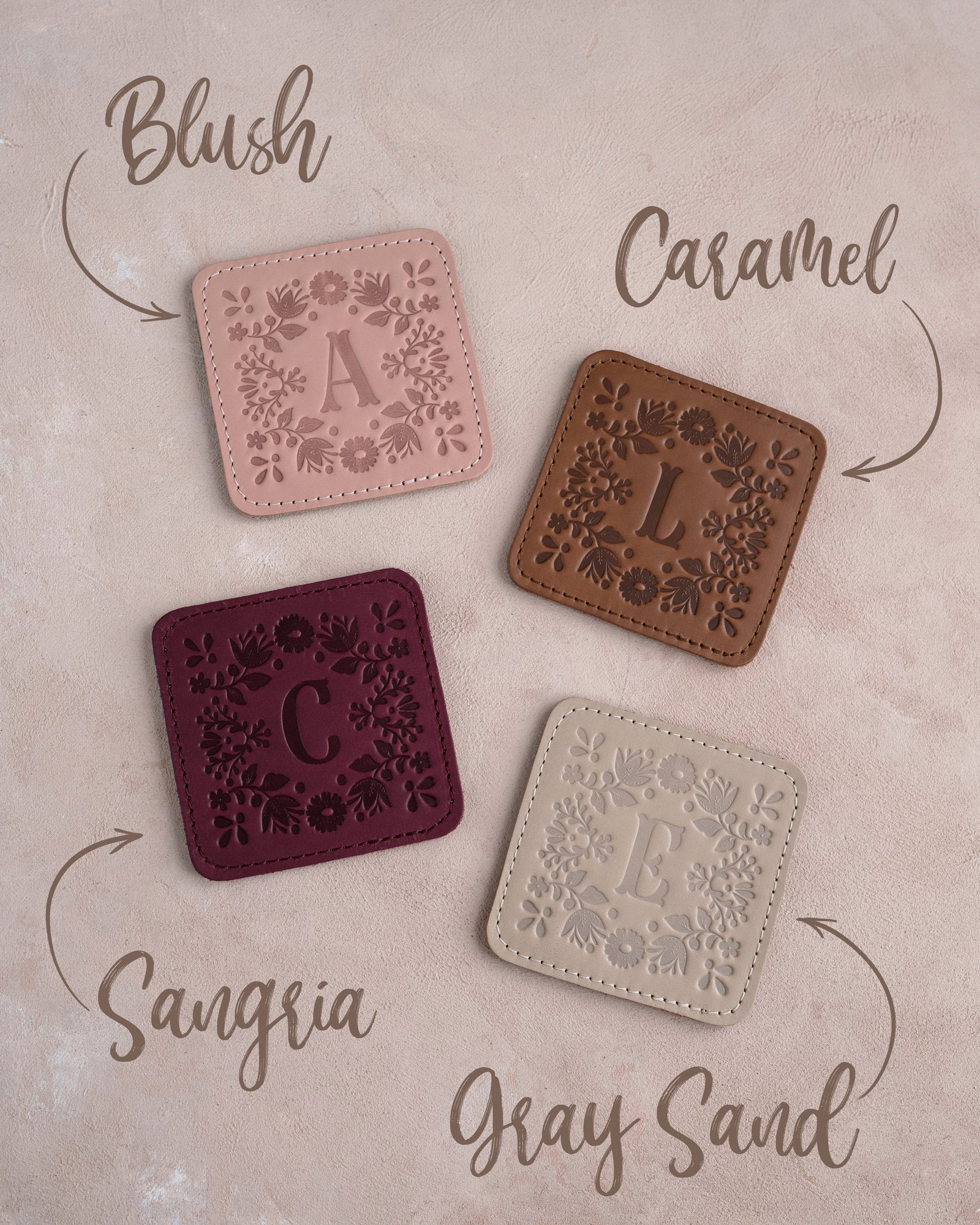 Floral leather coasters in four more leather colors