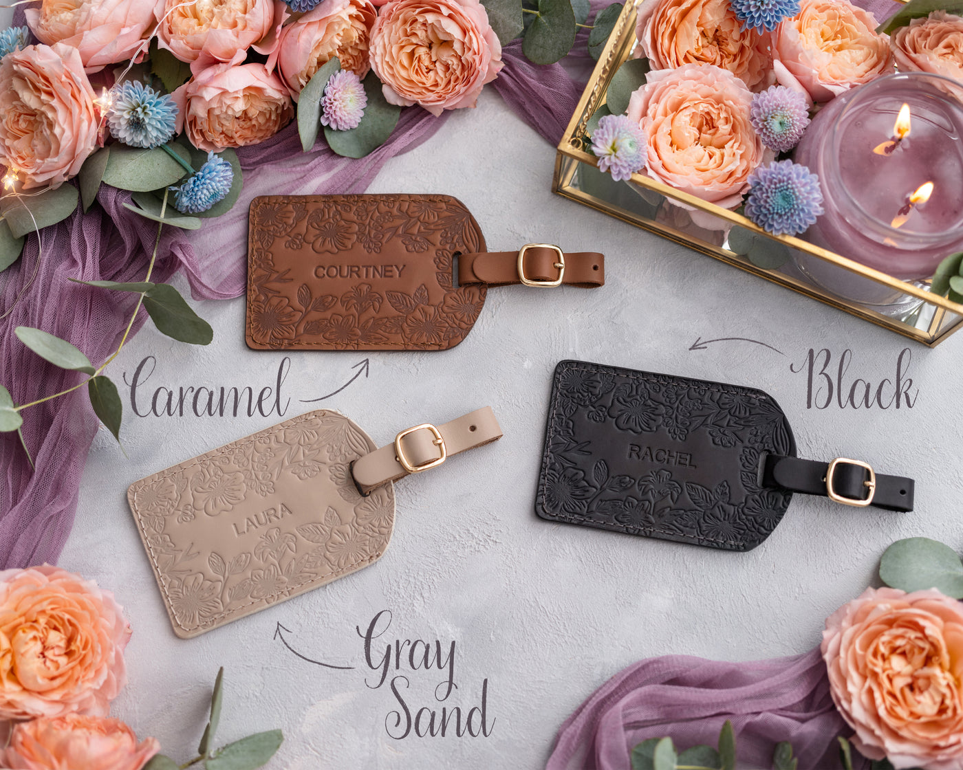 Personalized Leather Luggage Tags in Floral Style finished by hand