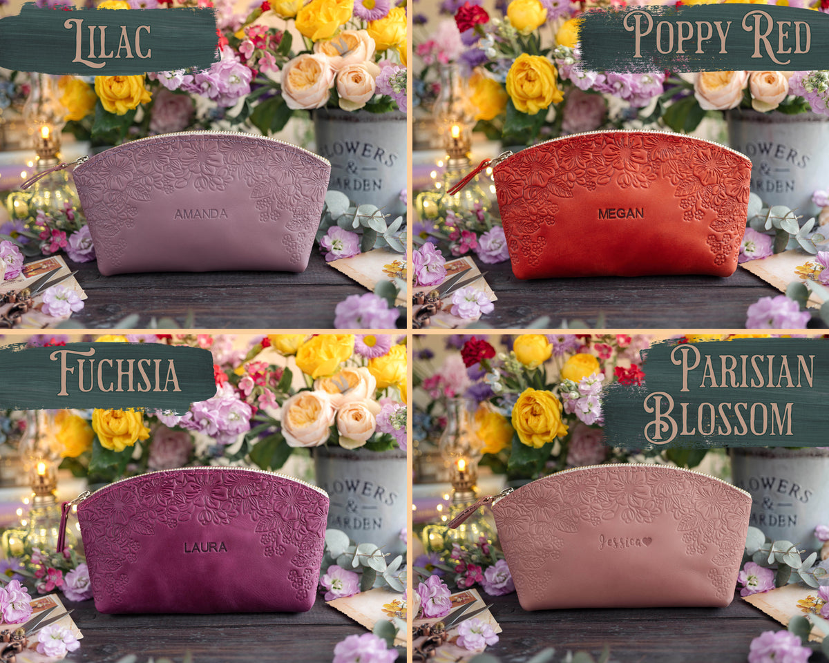 Floral-design makeup bag in lilac, poppy red, fuchsia and parisian blossom leather