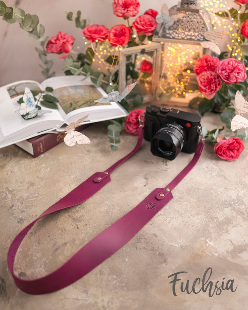 Fuchsia leather camera strap