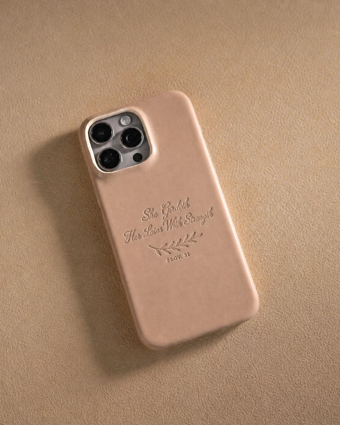 She Girdeth Her Loins With Strength Prov. 31 handcrafted leather iPhone case, Christian scripture gift