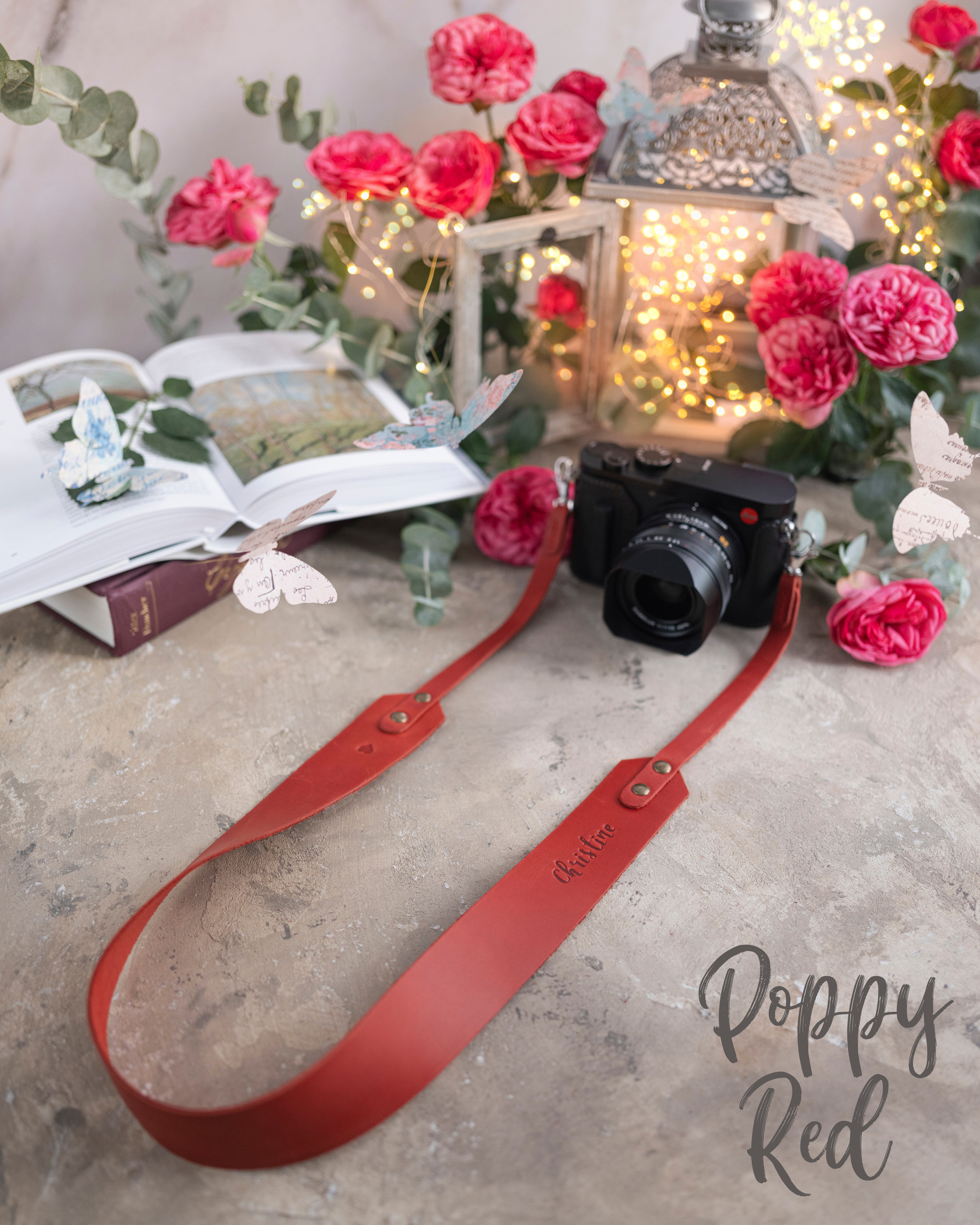 Poppy Red leather camera strap