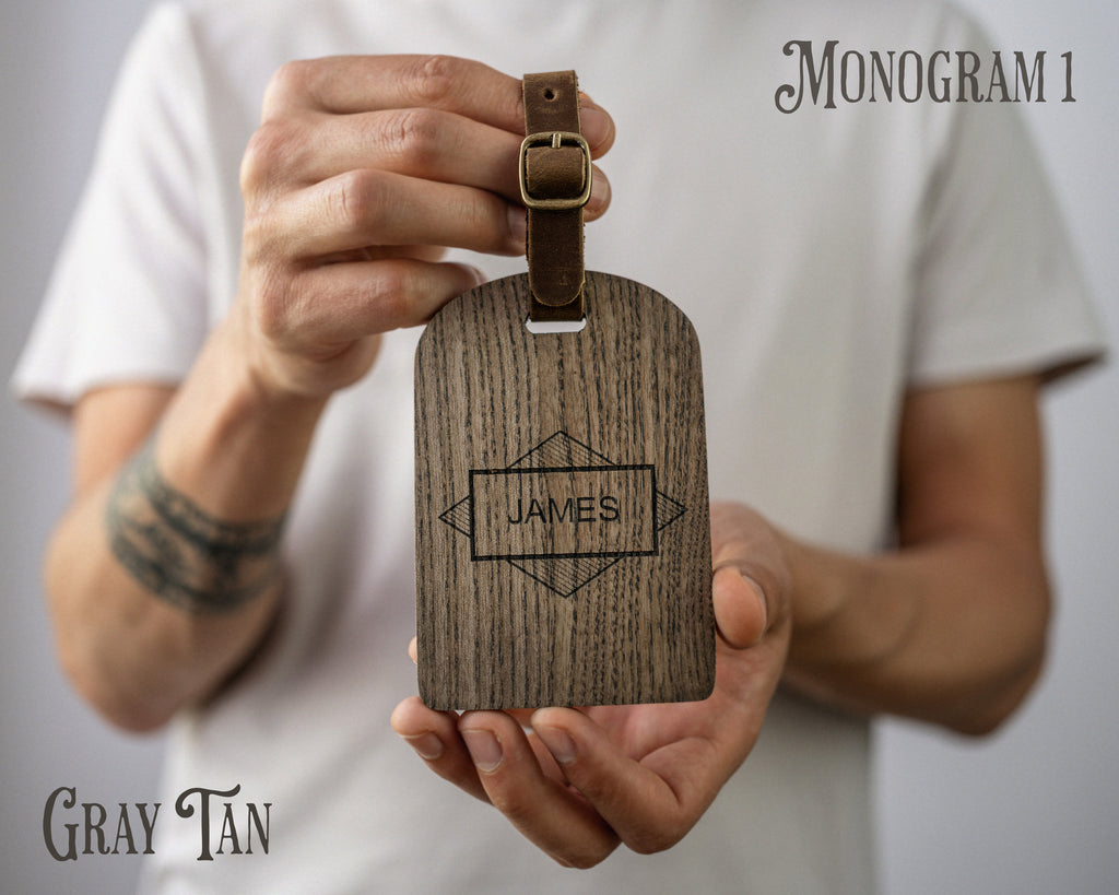 Wooden Luggage Tag In Gray Tan