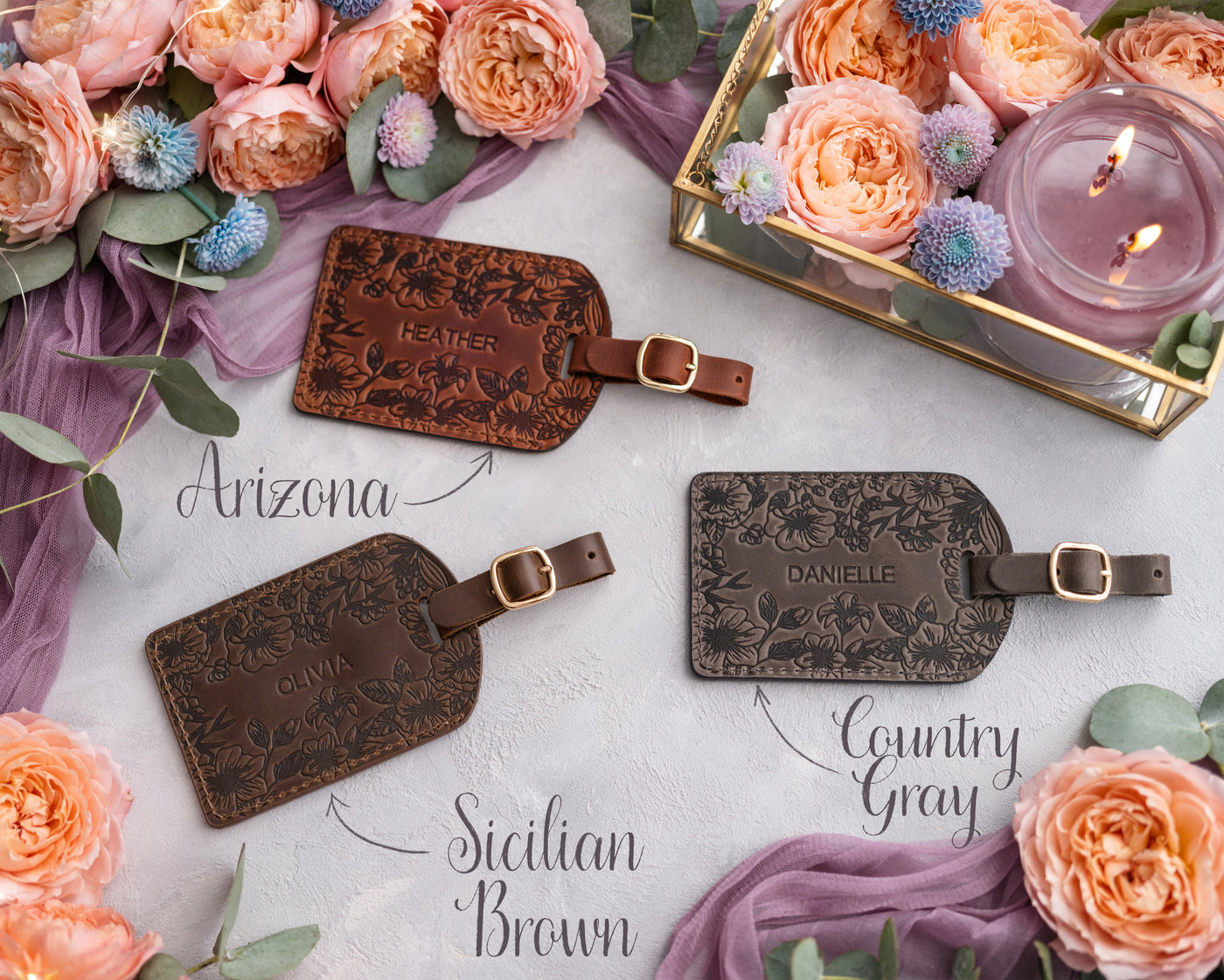 Personalized Leather Luggage Tags in Floral Style with engraved initials