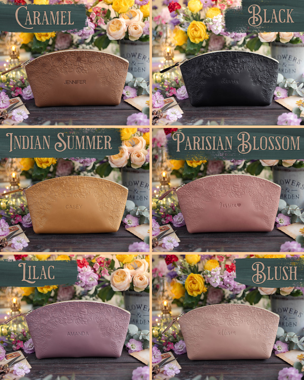 Floral-embossed makeup bag swatches including caramel, black, indian summer and blush