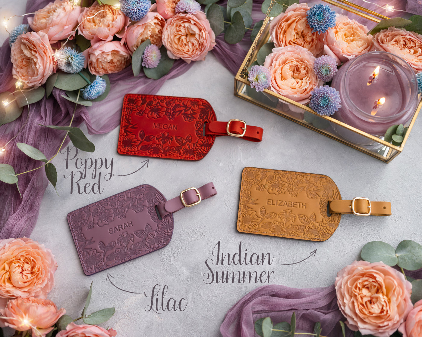 Personalized Leather Luggage Tags in Floral Style, handcrafted to order