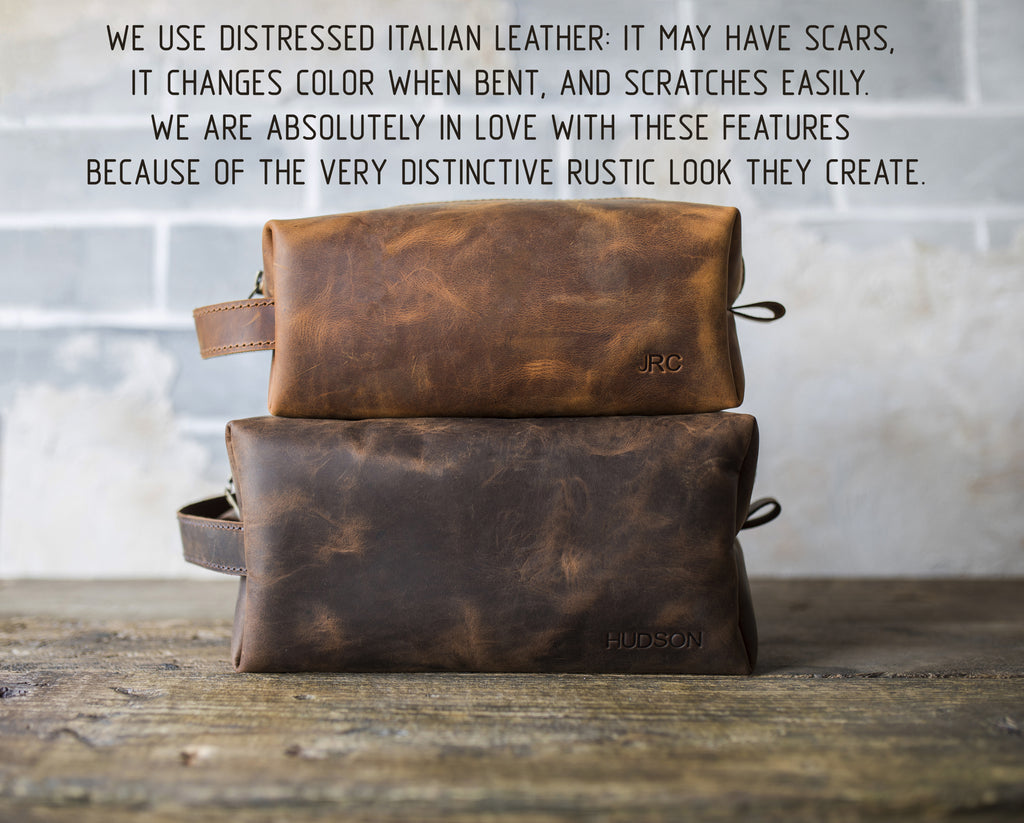 Distressed Italian Leather Personalized Dopp Kit - Toiletry Bag for Men