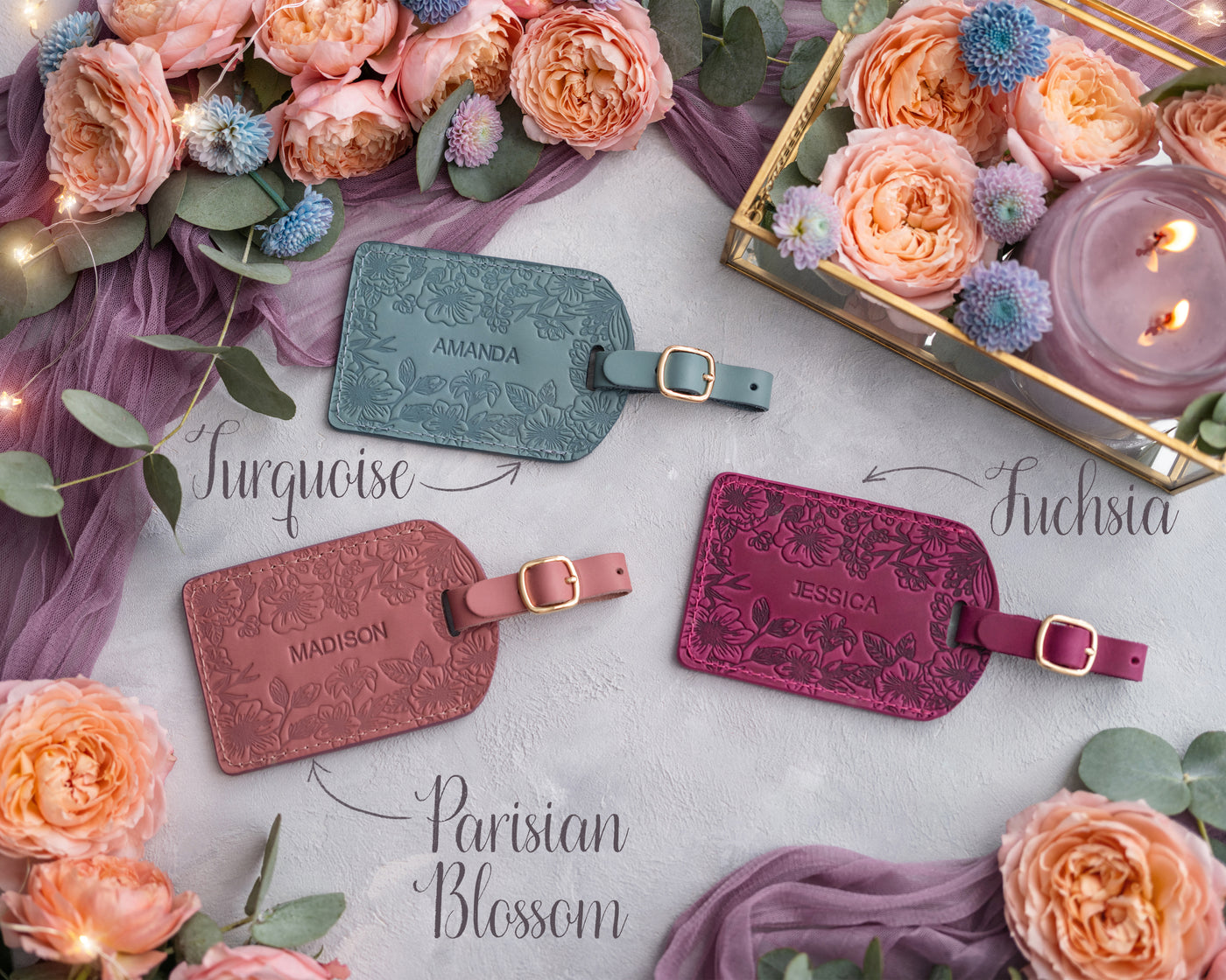Personalized Leather Luggage Tags in Floral Style with hand-finished detailing