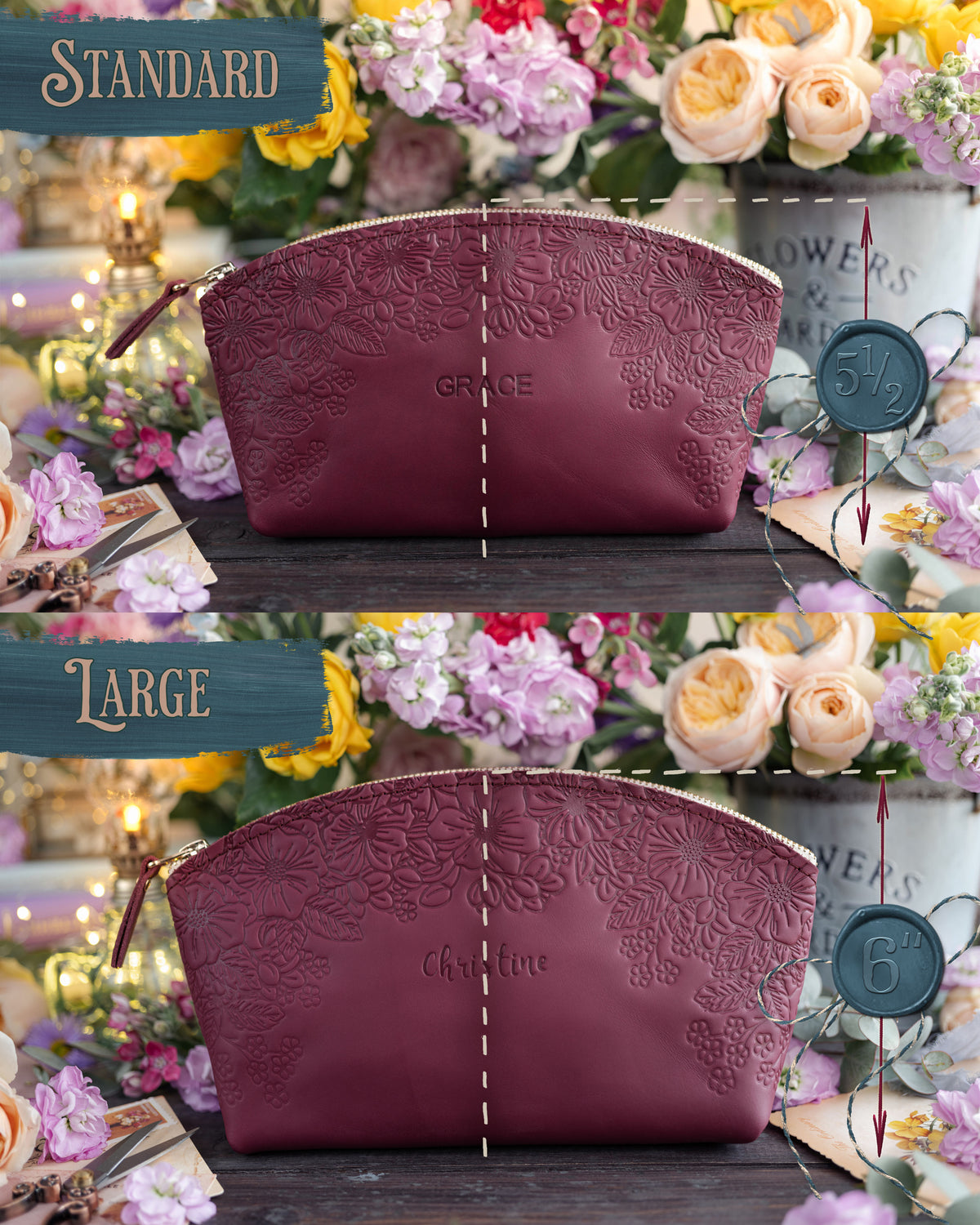 Floral-embossed makeup bag shown in standard and large sizes in burgundy leather