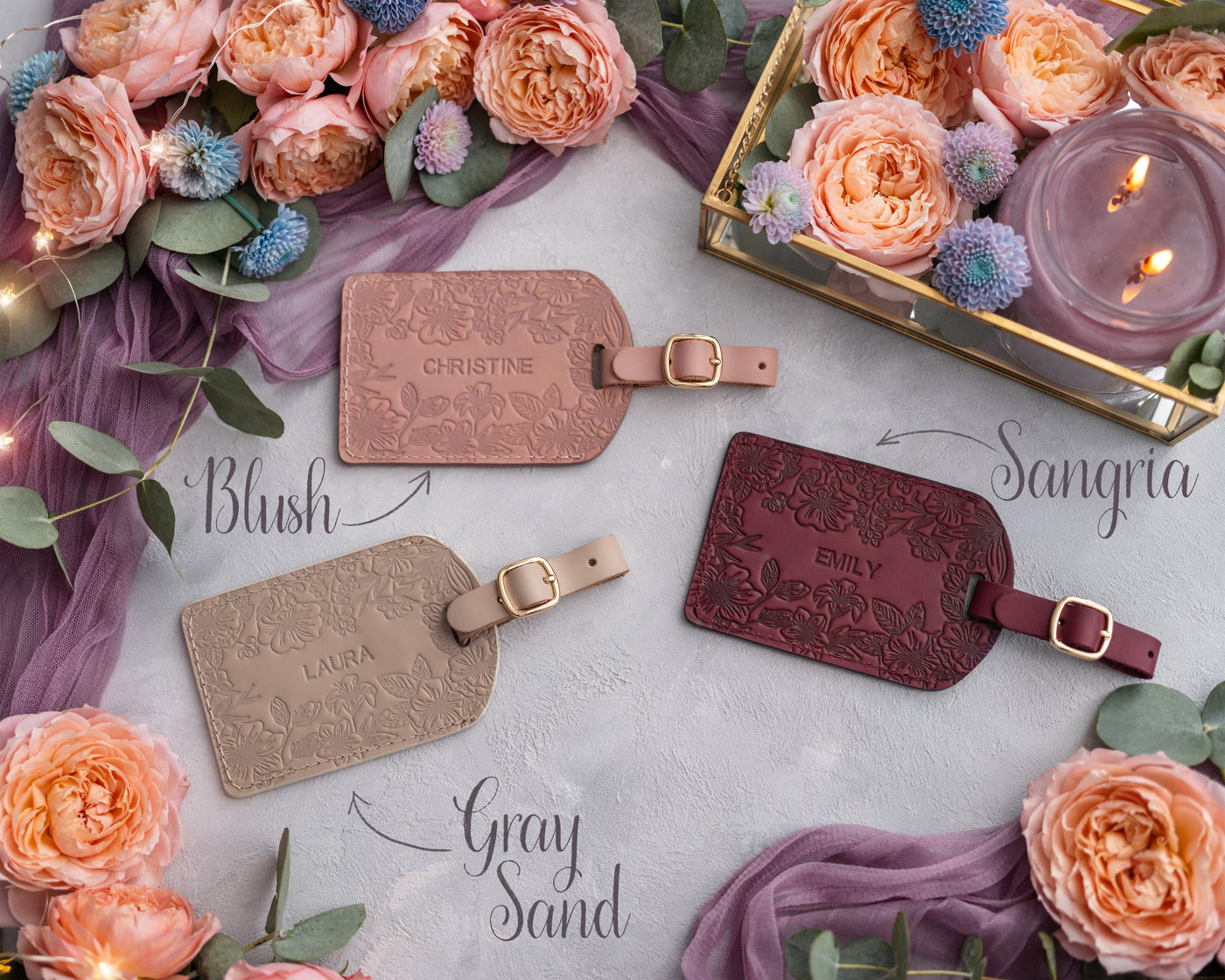 Personalized Leather Luggage Tags in Floral Style, handcrafted to order