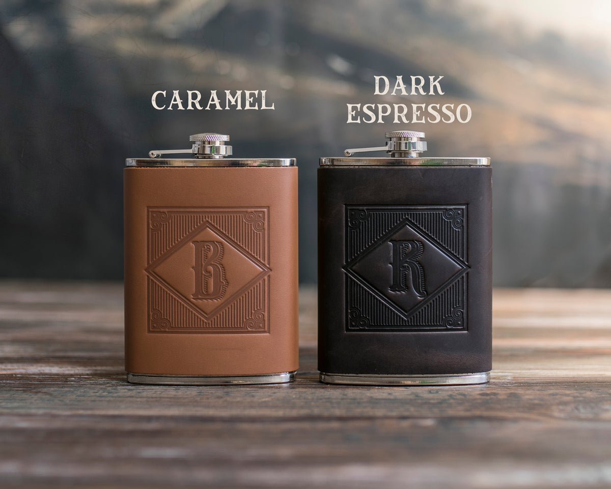 Custom Initial Hip Flask - Groomsmen Gifts - Custom - Logo - Full Grain Leather finished by hand