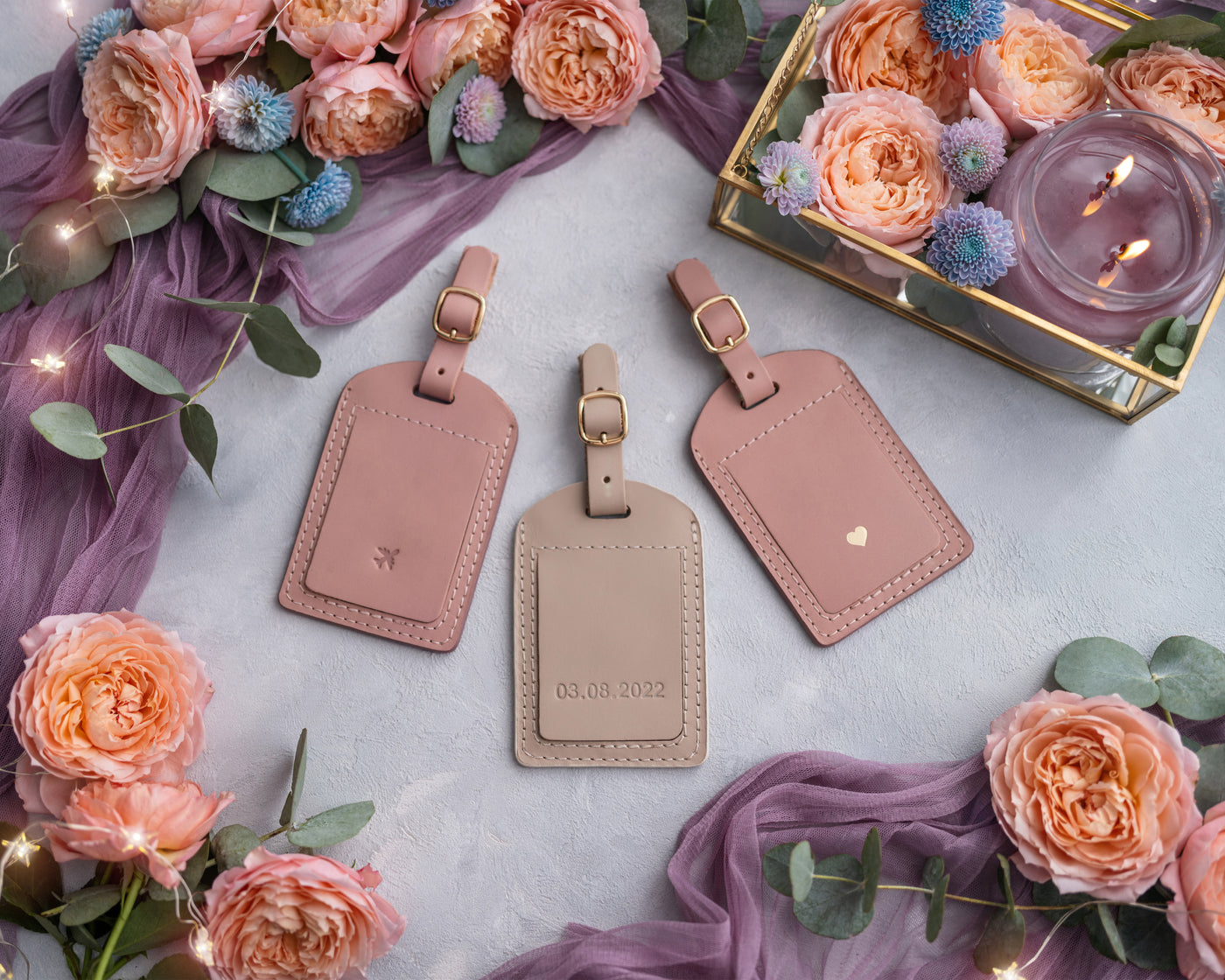 Personalized Leather Luggage Tags in Floral Style with engraved initials