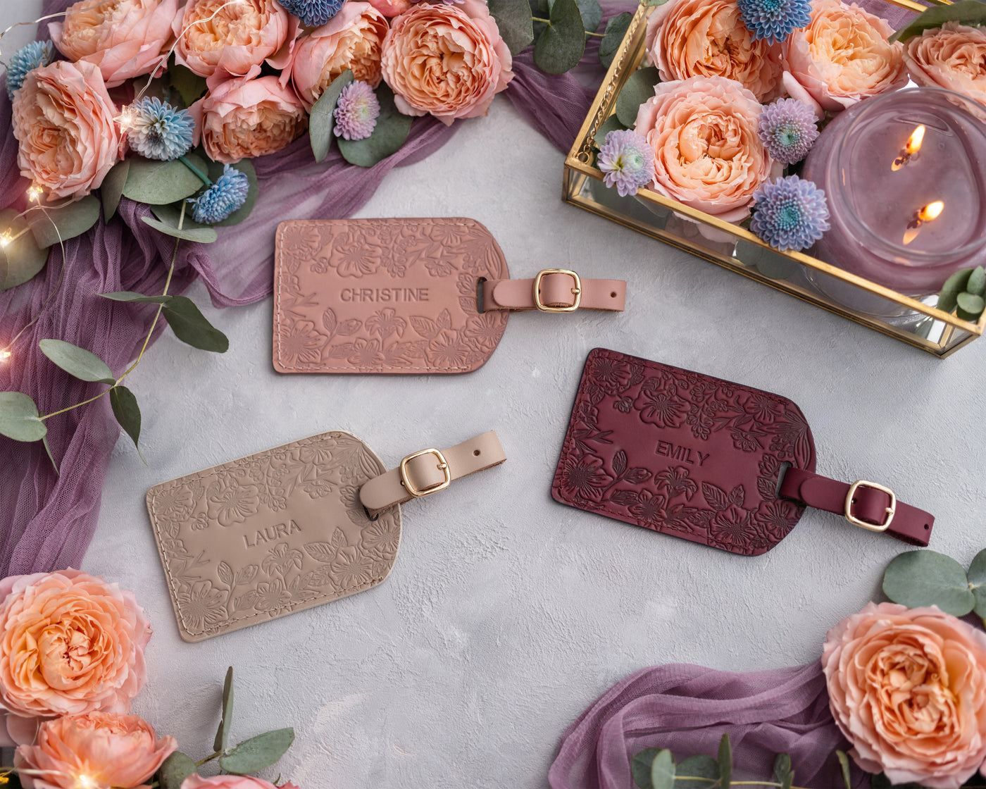 Personalized Leather Luggage Tags in Floral Style