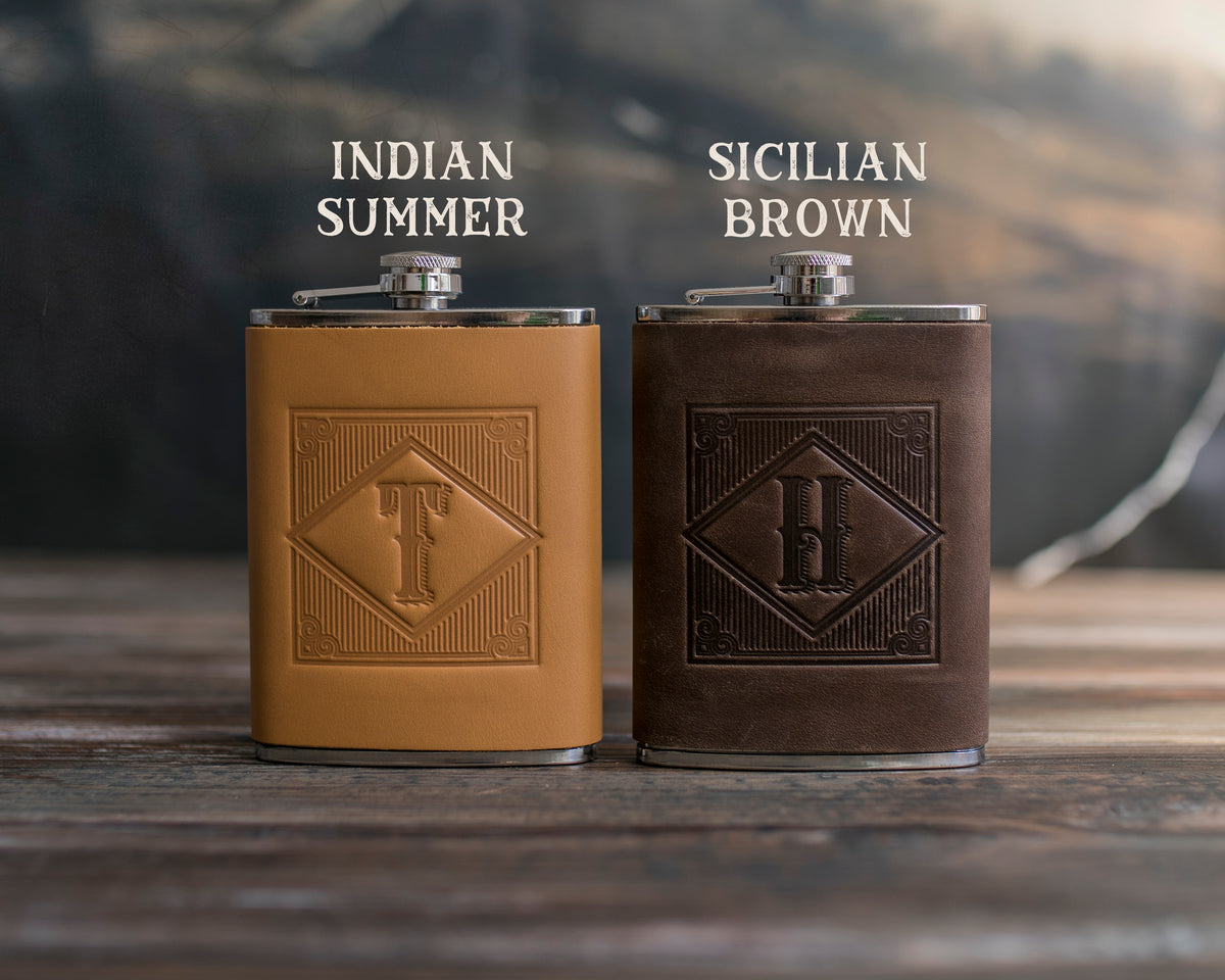 Custom Initial Hip Flask - Groomsmen Gifts - Custom - Logo - Full Grain Leather, handcrafted to order