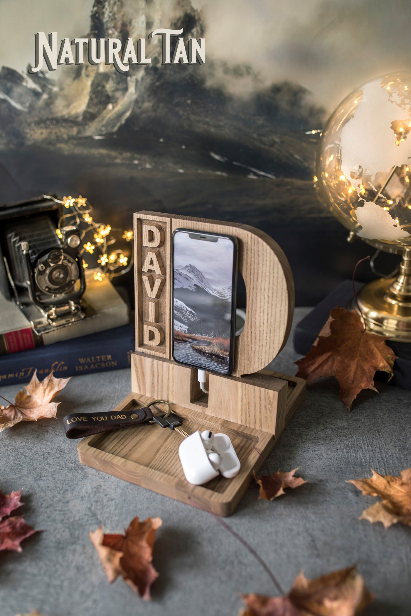 Wooden Monogram Docking Station In Natural Tan