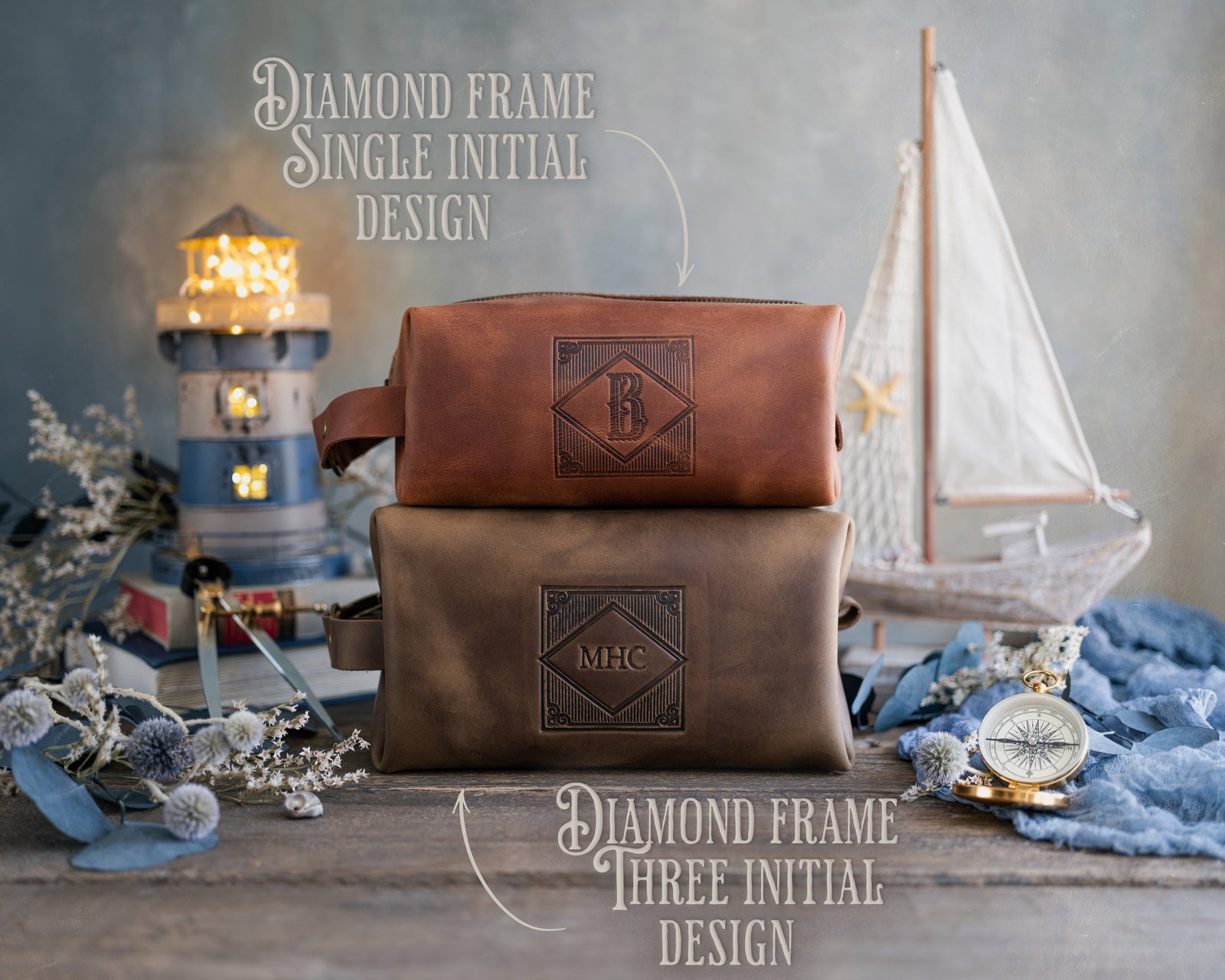 Monogram design options for the leather dopp kit - single initial and three-letter diamond frame