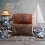 Monogram design options for the leather dopp kit - single initial and three-letter diamond frame
