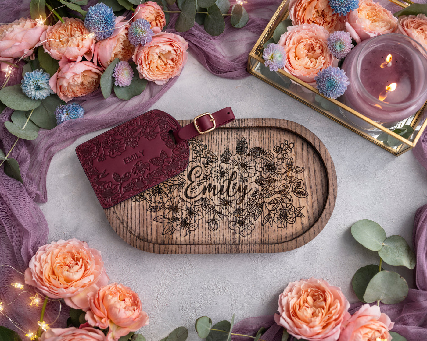 Personalized Leather Luggage Tags in Floral Style finished by hand
