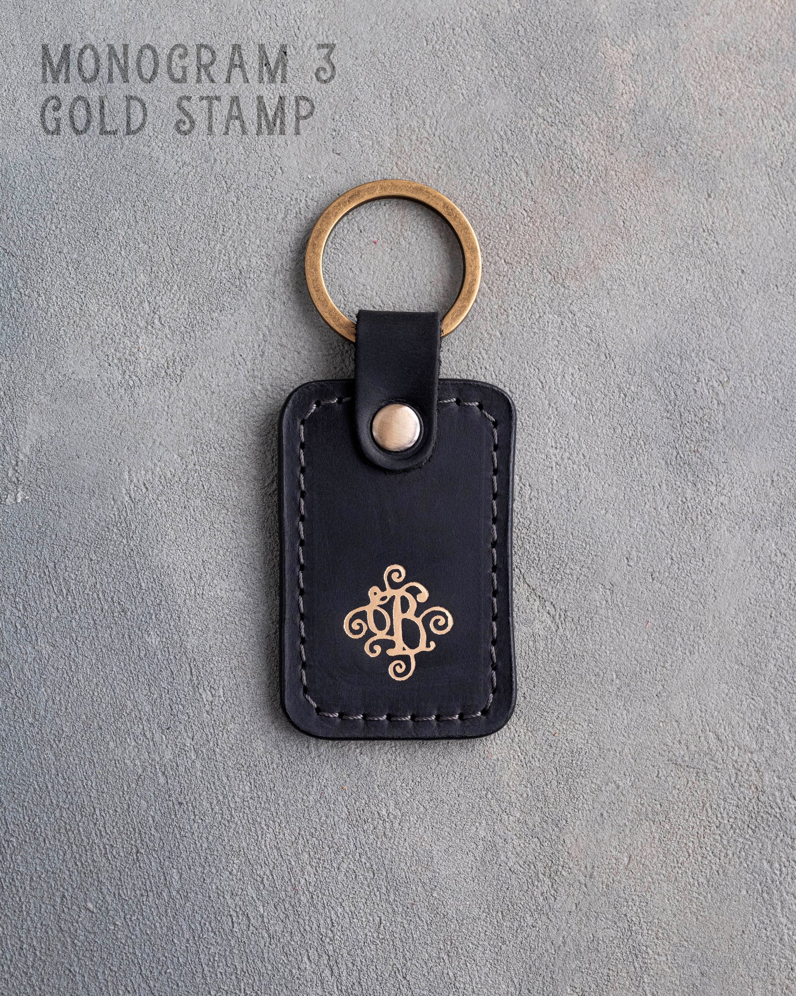 Floral Initial Keychain in Black Leather