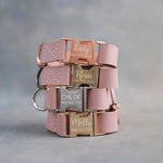 Light Pink dog collars in Blush full-grain leather, 1 in wide, with quick release buckles engraved with names