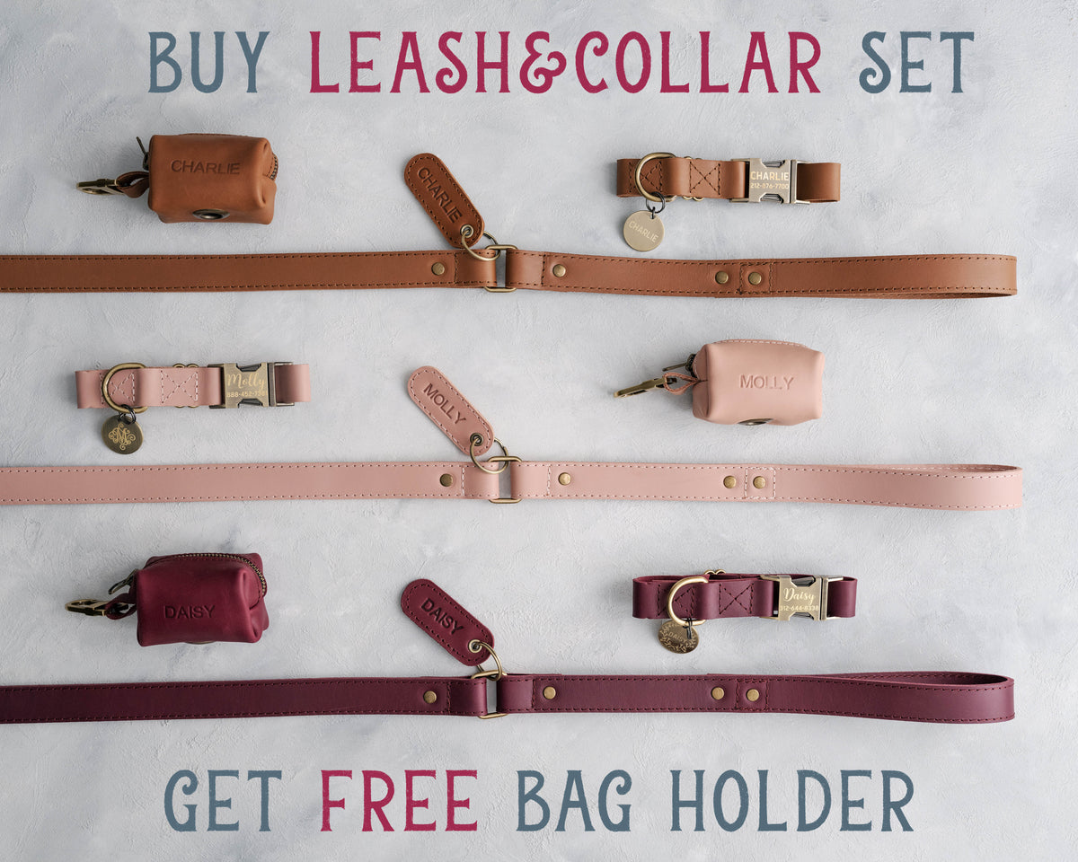 Buy a leash and collar set, get a free bag holder: leather leash, collar and poop-bag holder sets in pink, tan and burgundy