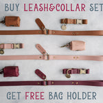 Buy a leash and collar set, get a free bag holder: leather leash, collar and poop-bag holder sets in pink, tan and burgundy