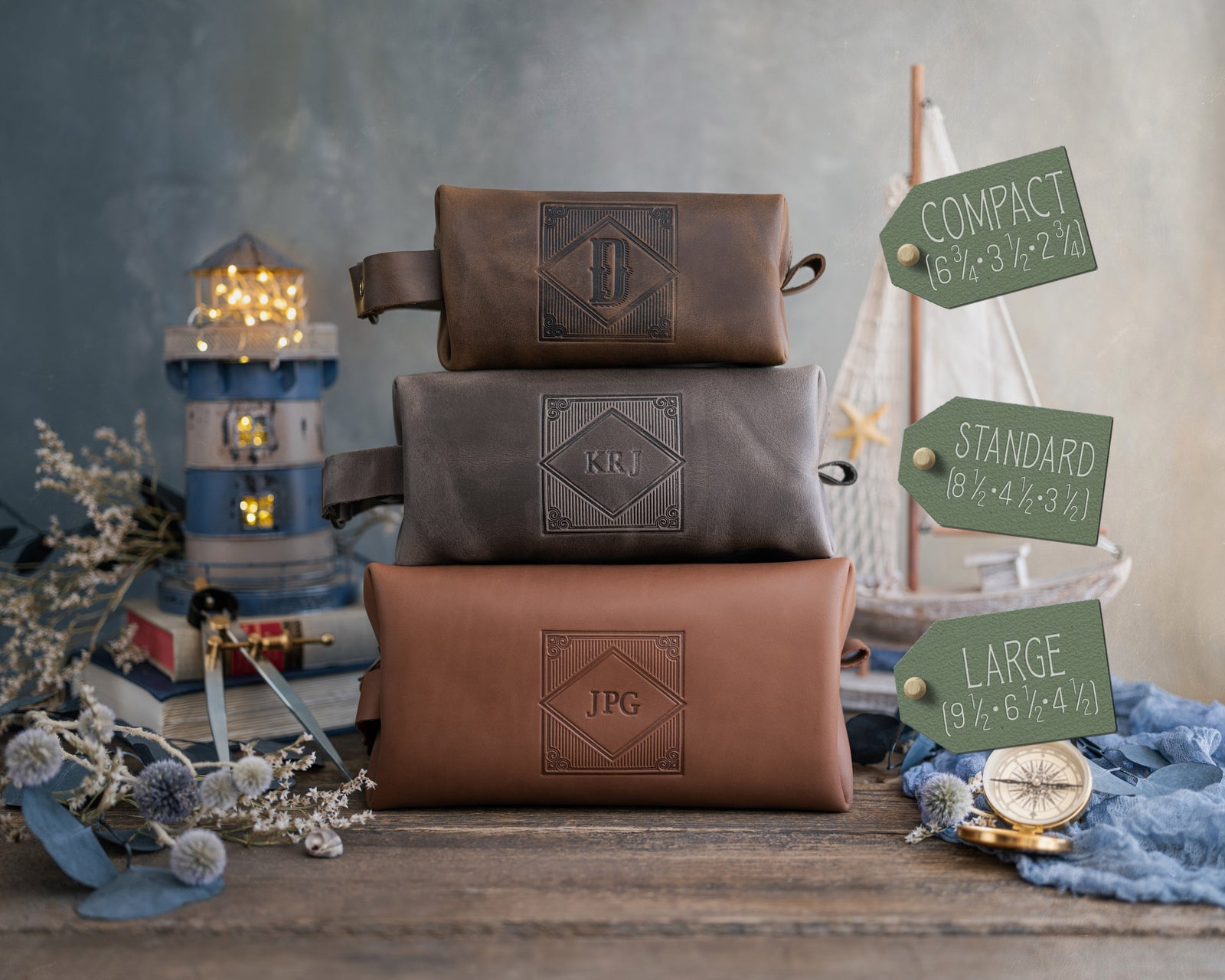 Leather dopp kit size guide from compact to large