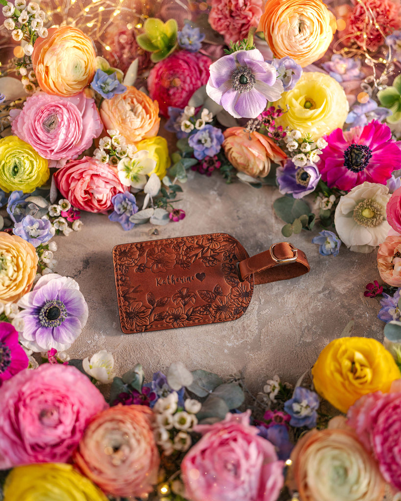 Floral Name Luggage Tag in Arizona Leather