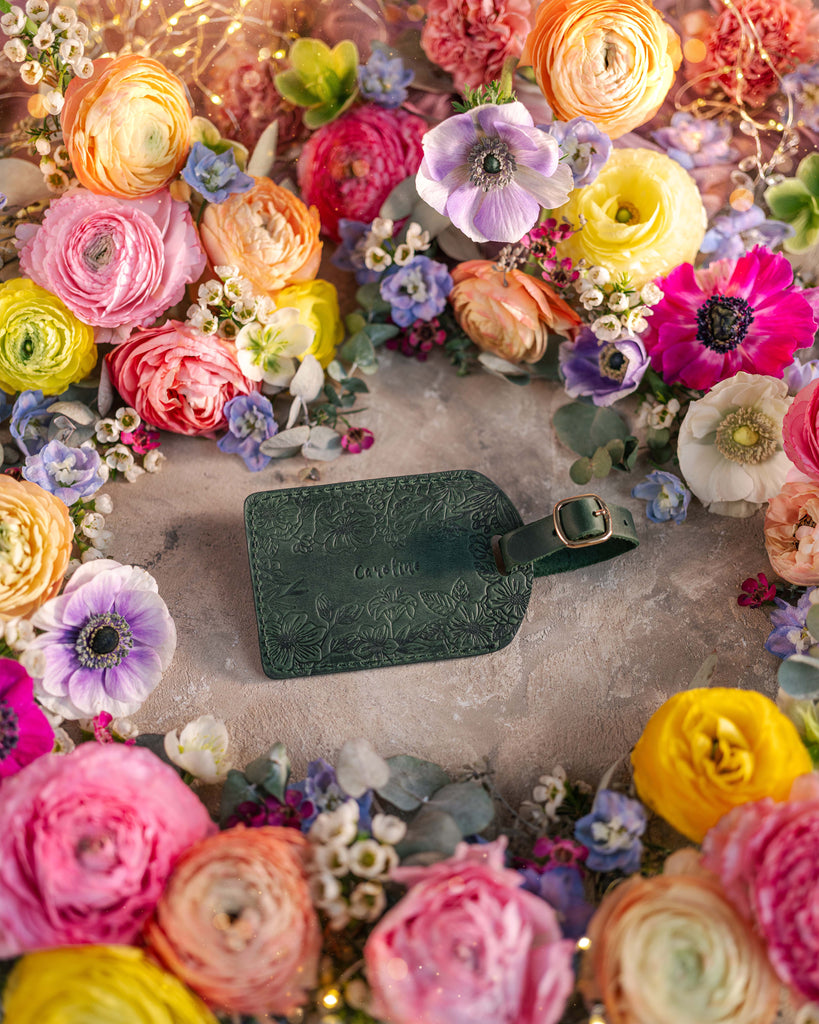 Floral Name Luggage Tag in Forest Green Leather