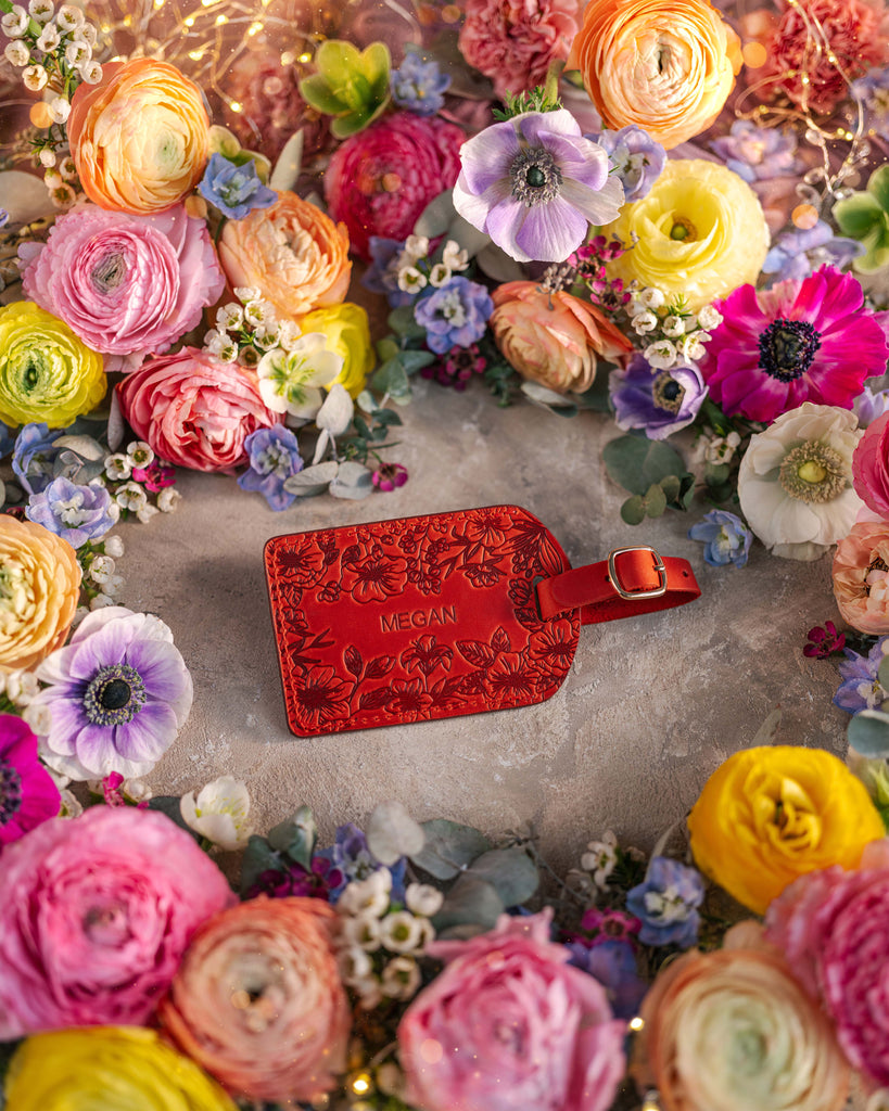 Floral Name Luggage Tag in Poppy Red Leather