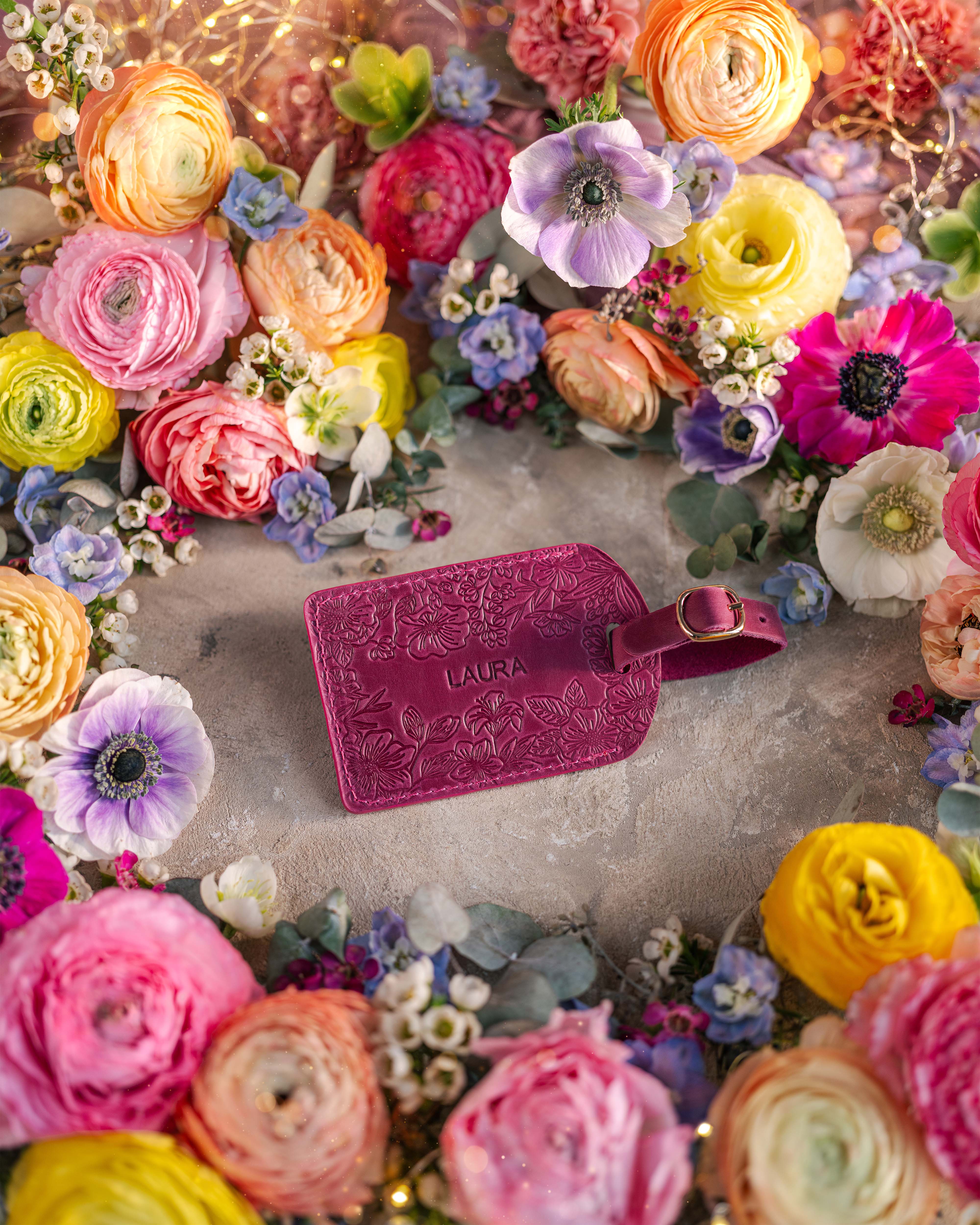 Floral Name Luggage Tag in Fuchsia Leather