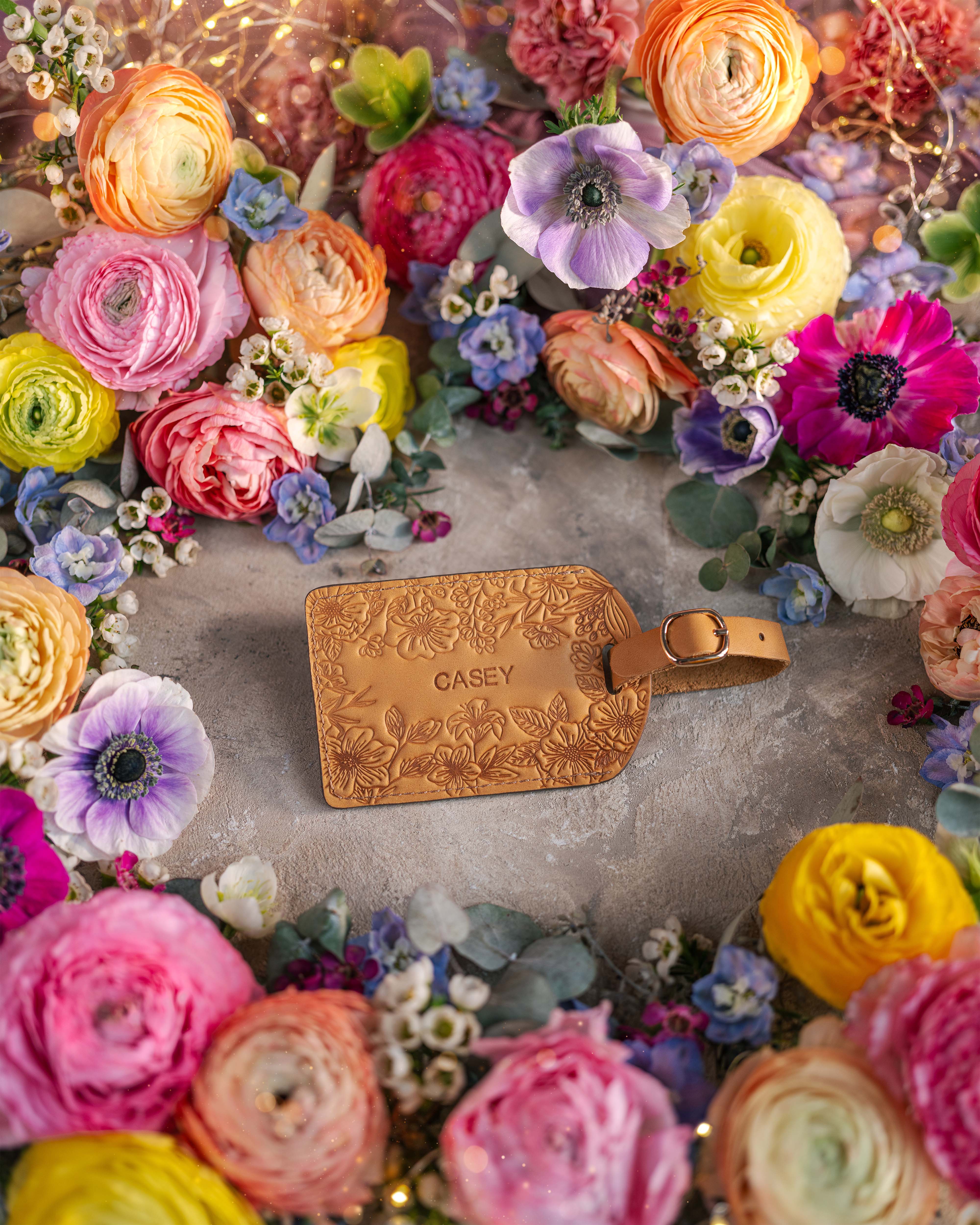 Floral Name Luggage Tag in Indian Summer Leather