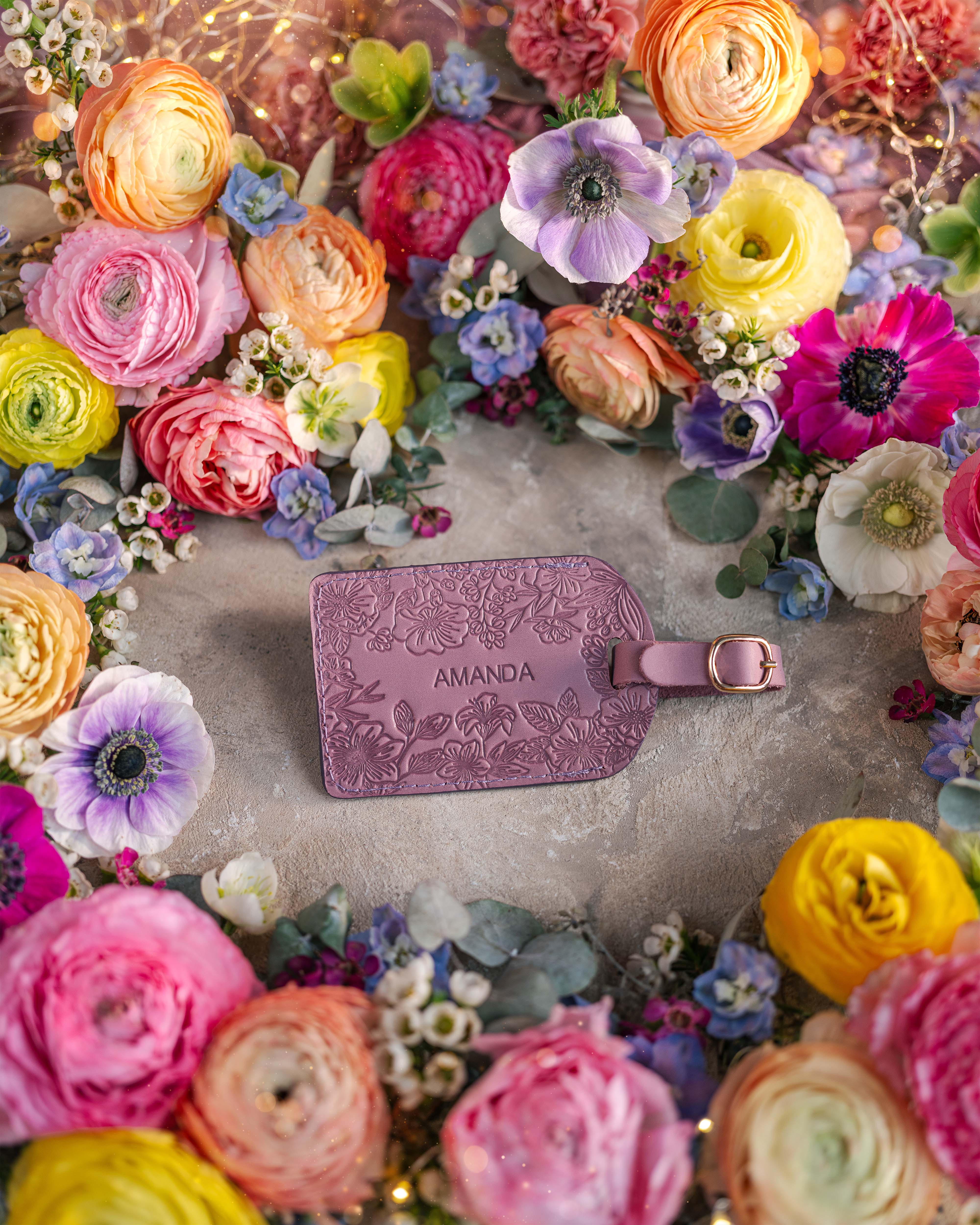 Floral Name Luggage Tag in Lilac Leather