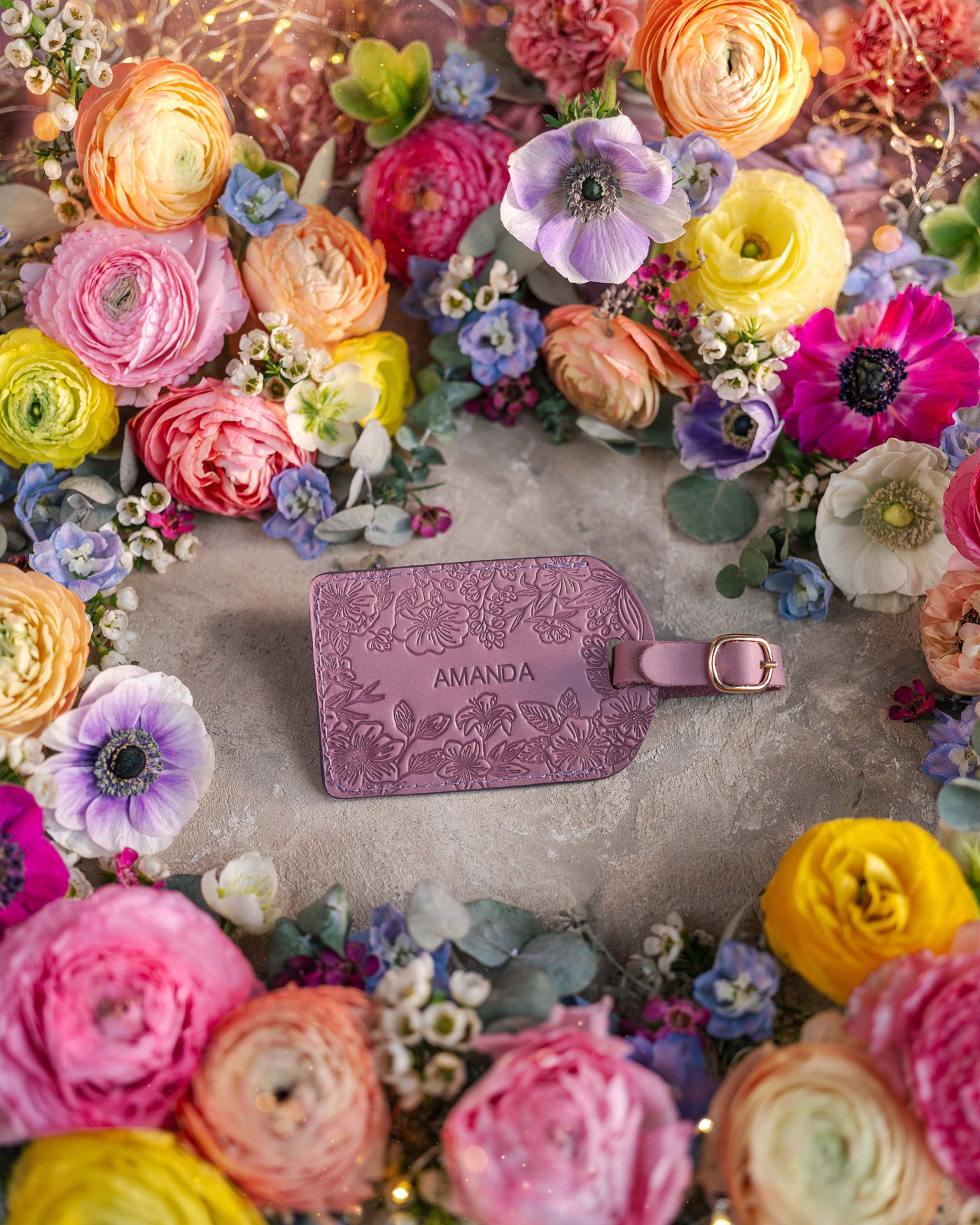 Floral Name Luggage Tag in Lilac Leather