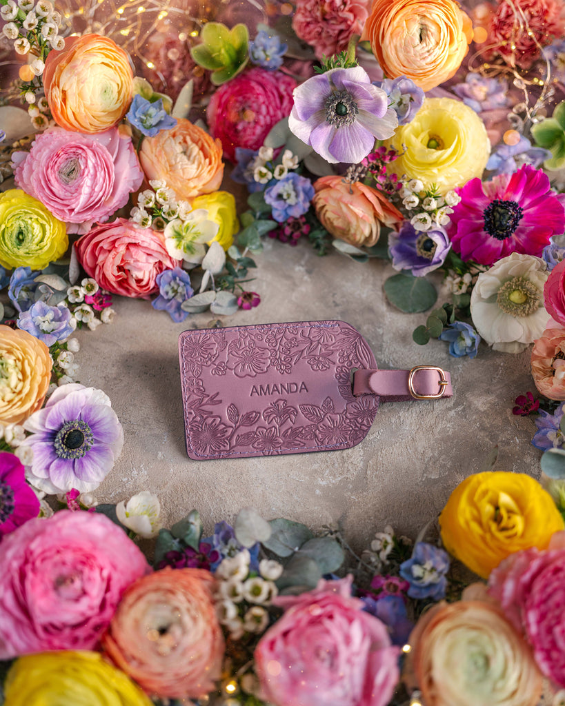 Floral Name Luggage Tag in Lilac Leather