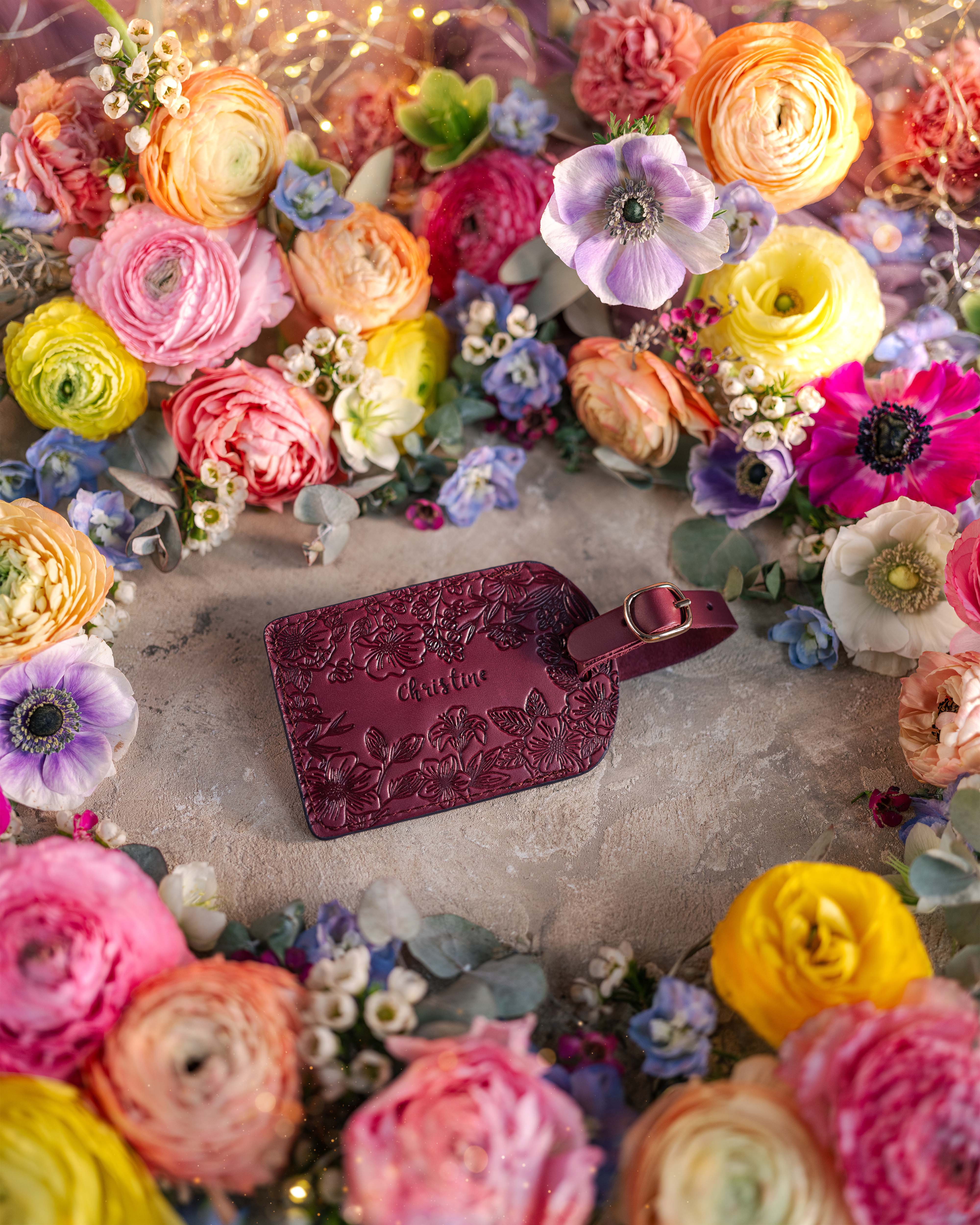 Floral Name Luggage Tag in Sangria Leather