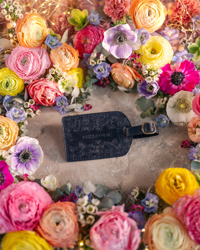 Floral Name Luggage Tag in Blueberry Leather