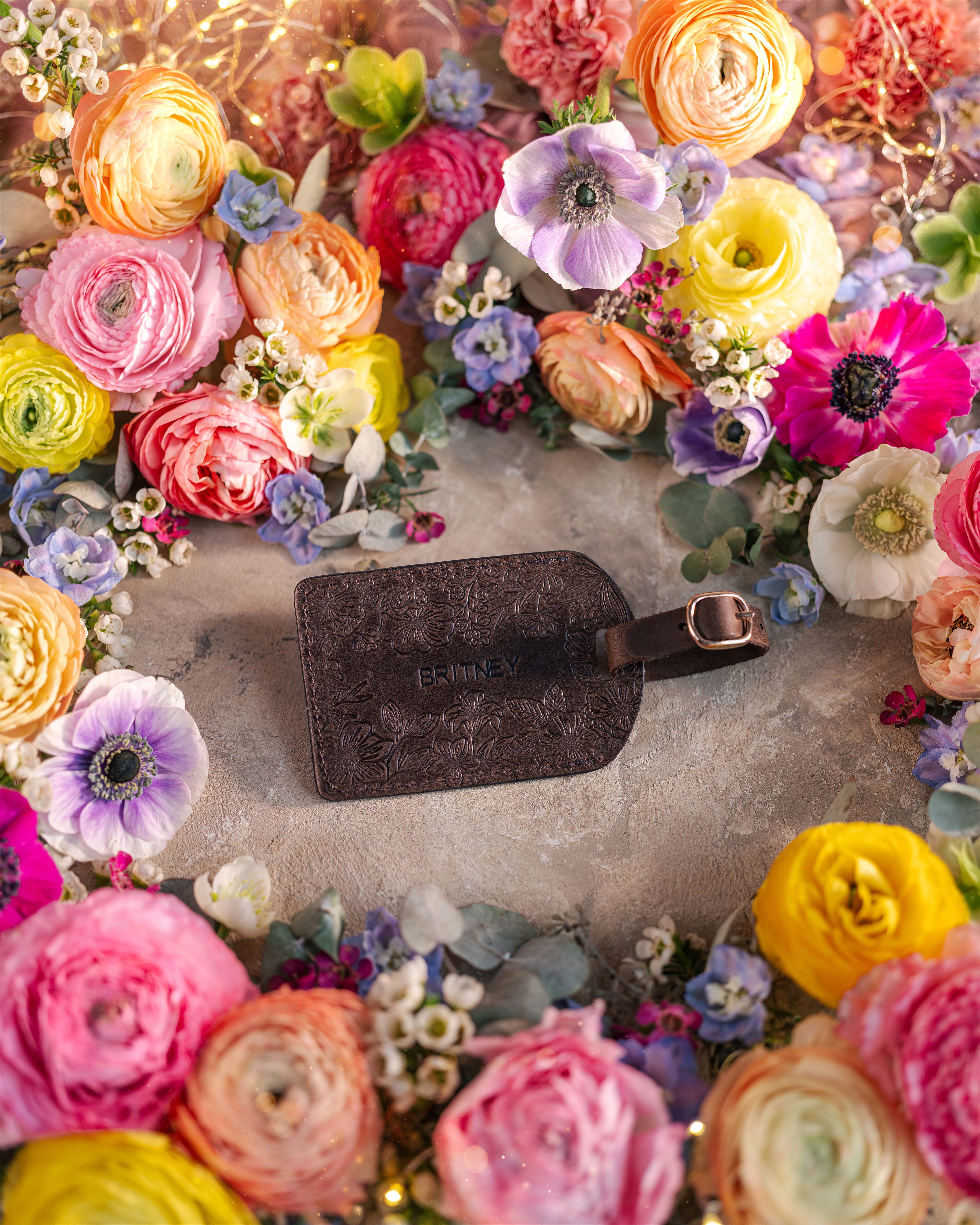 Floral Name Luggage Tag in Dark Espresso Leather