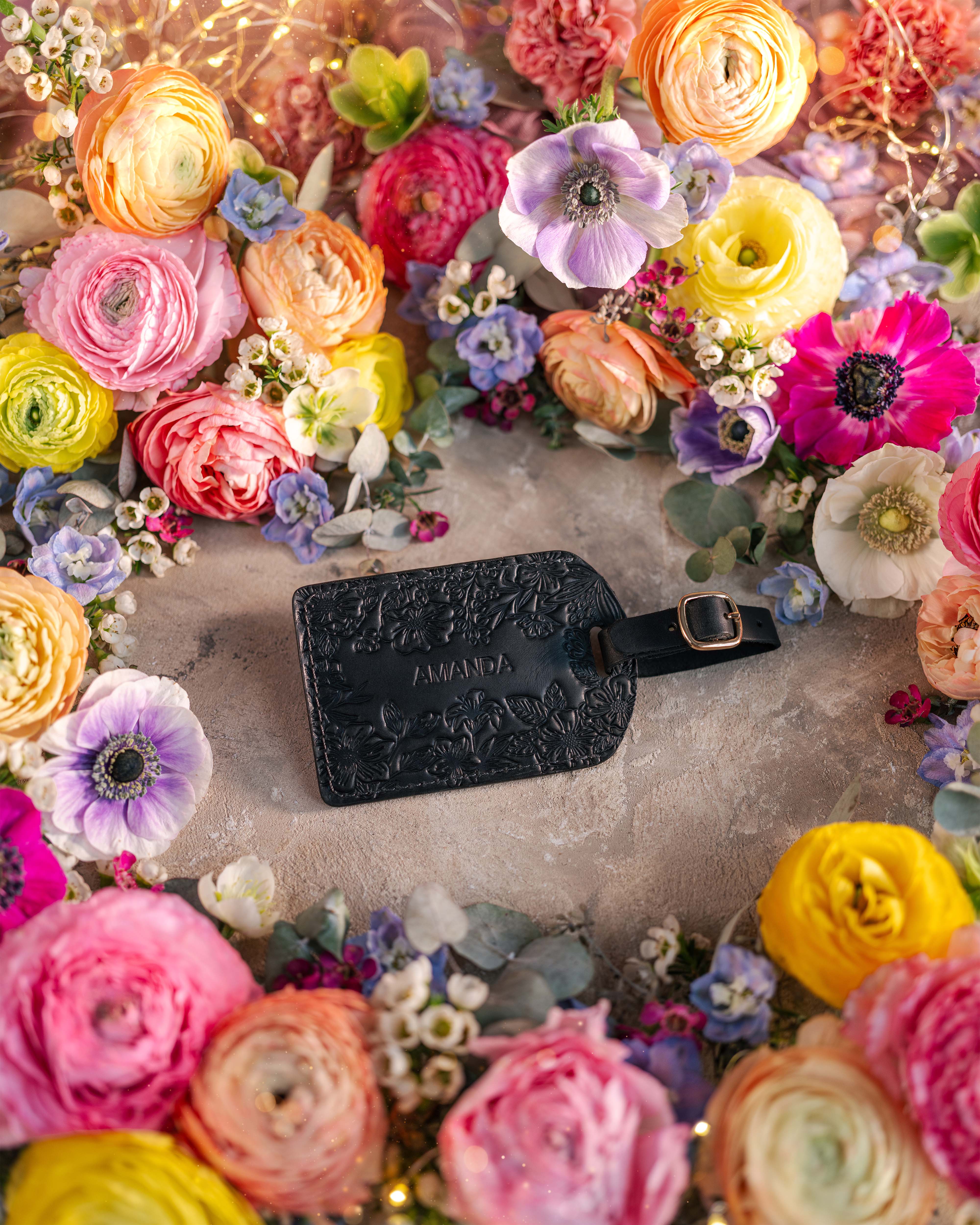 Floral Name Luggage Tag in Black Leather