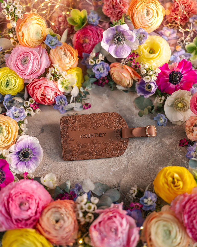 Floral Name Luggage Tag in Caramel Leather