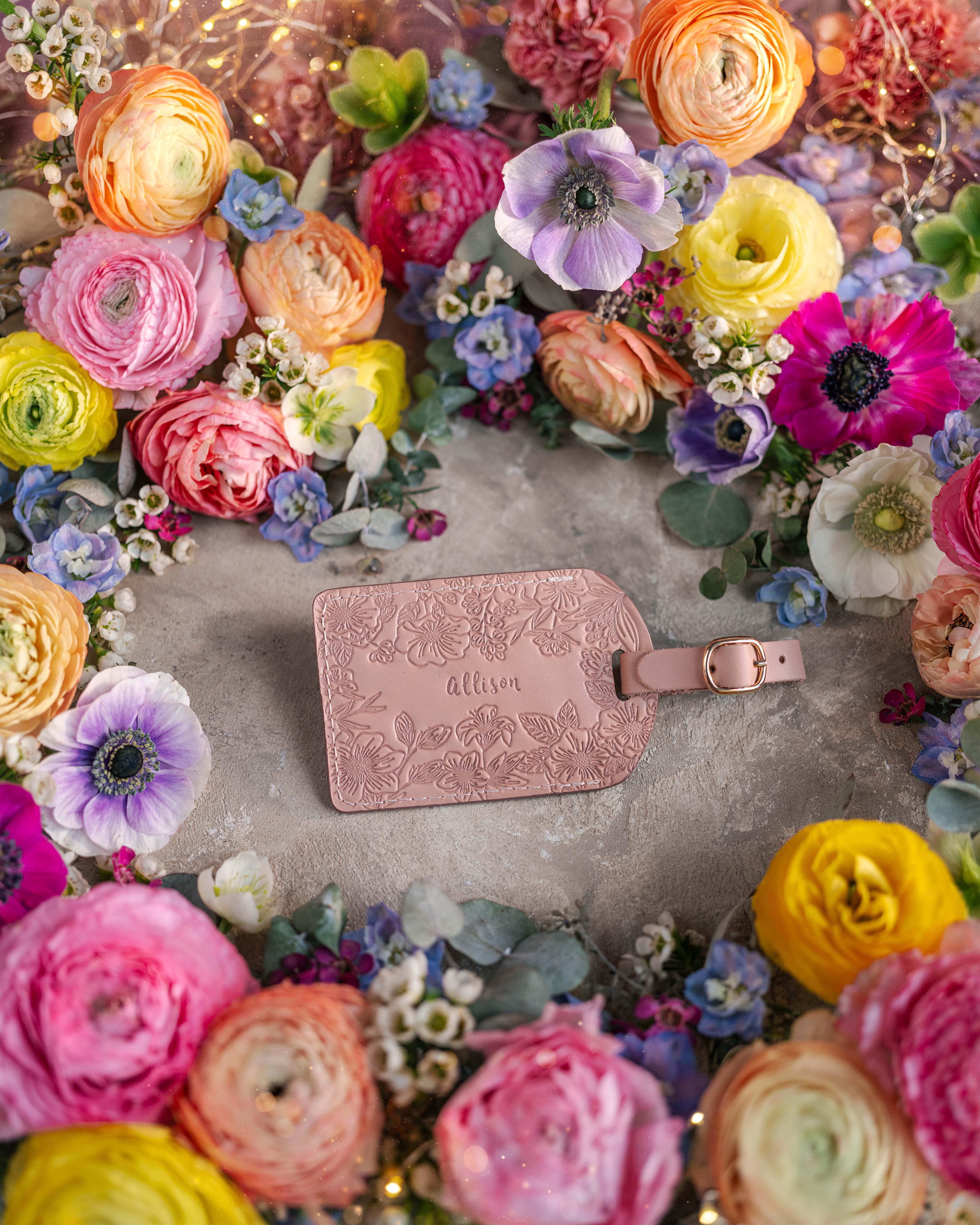 Floral Name Luggage Tag in Blush Leather