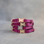 Hot Pink dog collars in Fuchsia full-grain leather, 5/8 in wide, with engraved quick release buckles in four finishes