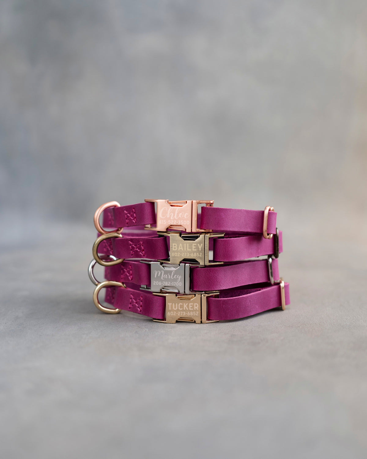 Hot Pink dog collars in Fuchsia full-grain leather, 5/8 in wide, with engraved quick release buckles in four finishes